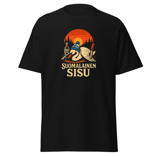 Musta suomalainen sisu t-paita, jossa on grafiikka suomen luonnosta ja sisu-teemasta
