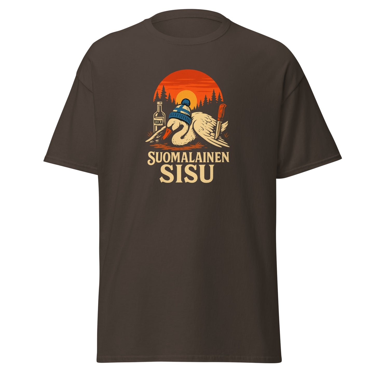 Suomalainen sisu t-paita tummassa värissä, jossa on graafinen suunnittelu metsästä ja juomasta