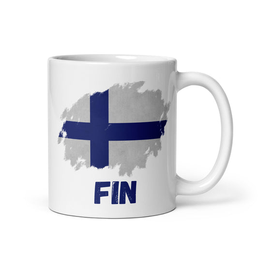 Suomi muki, jossa on sinivalkoinen lippu ja teksti FIN modernilla tyylillä