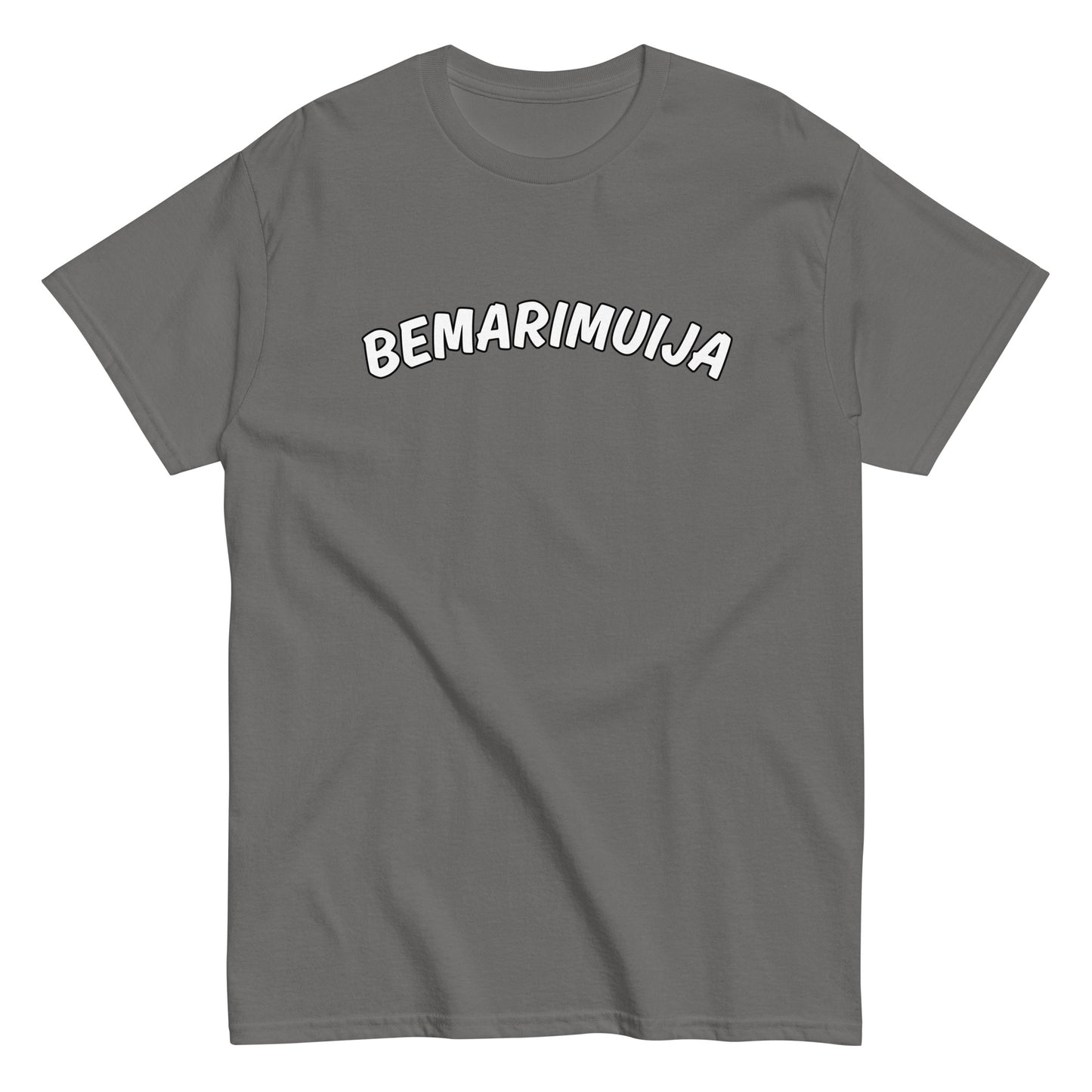 Vaaleanharmaa bemarimuija t-paita, jossa isolla painatuksella teksti 'BEMARIMUIJA'