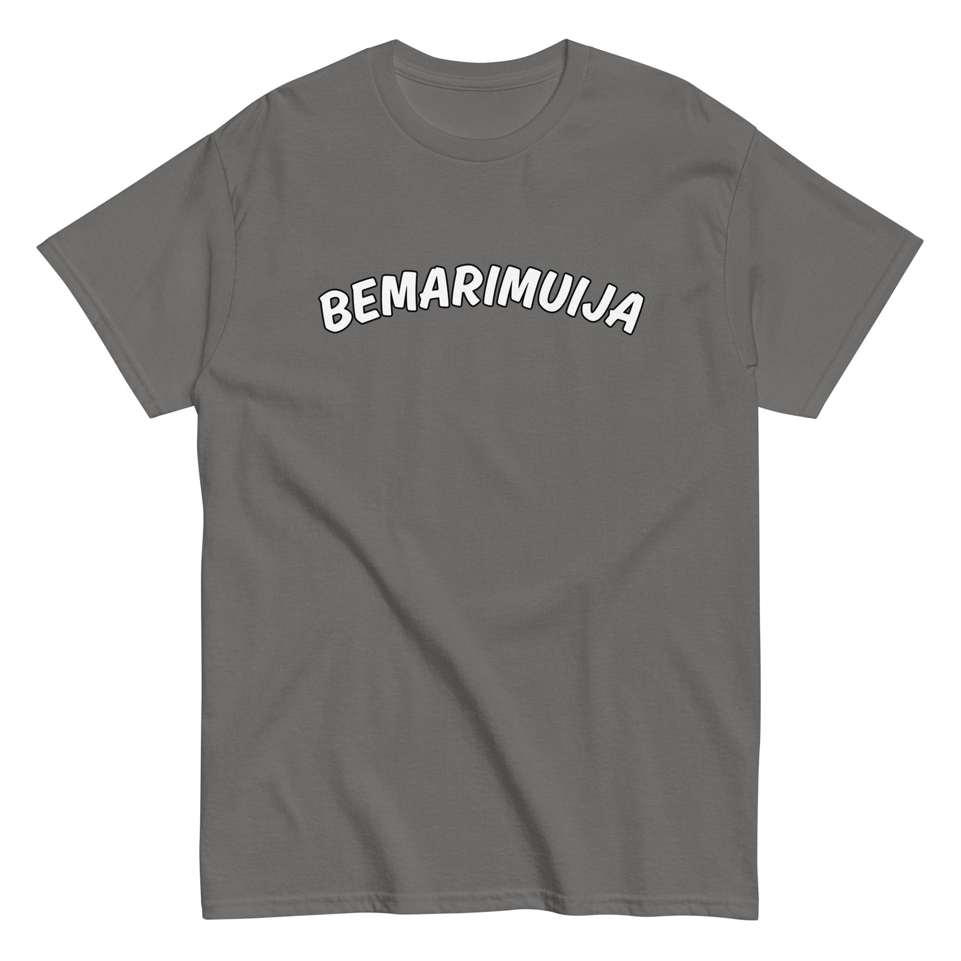 Vaaleanharmaa bemarimuija t-paita, jossa isolla painatuksella teksti 'BEMARIMUIJA'