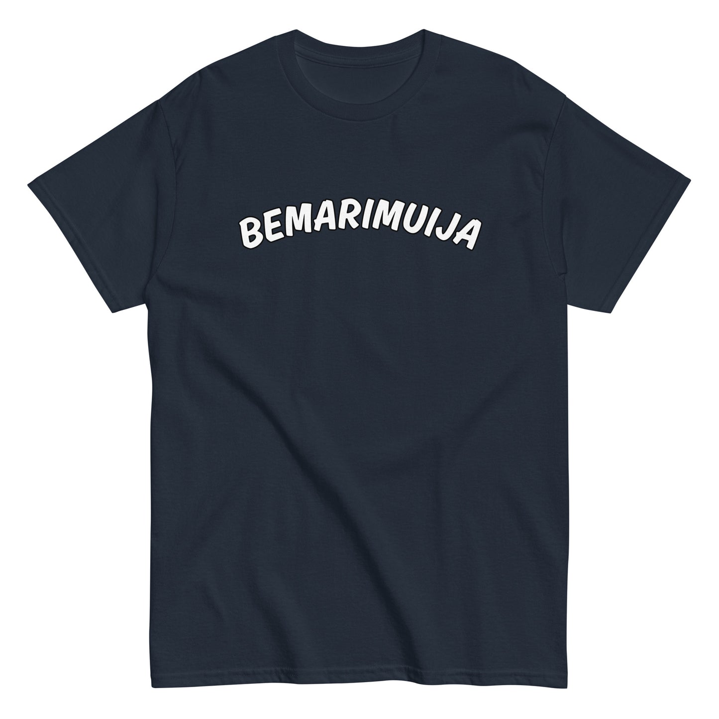 Meemirotta bemarimuija t-paita mustana, jossa valkoinen painatus edessä