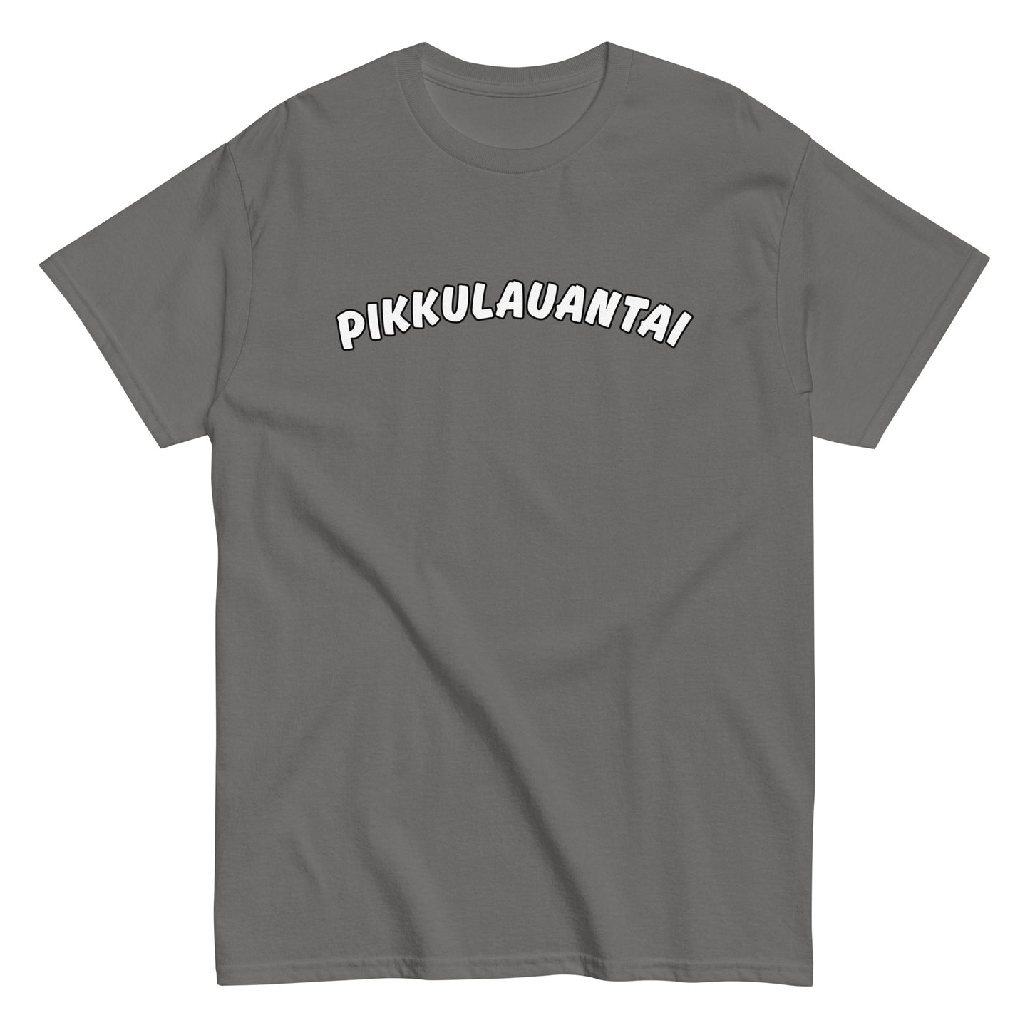 Harmaa pikkulauantai t-paita, jossa valkoinen teksti edessä.