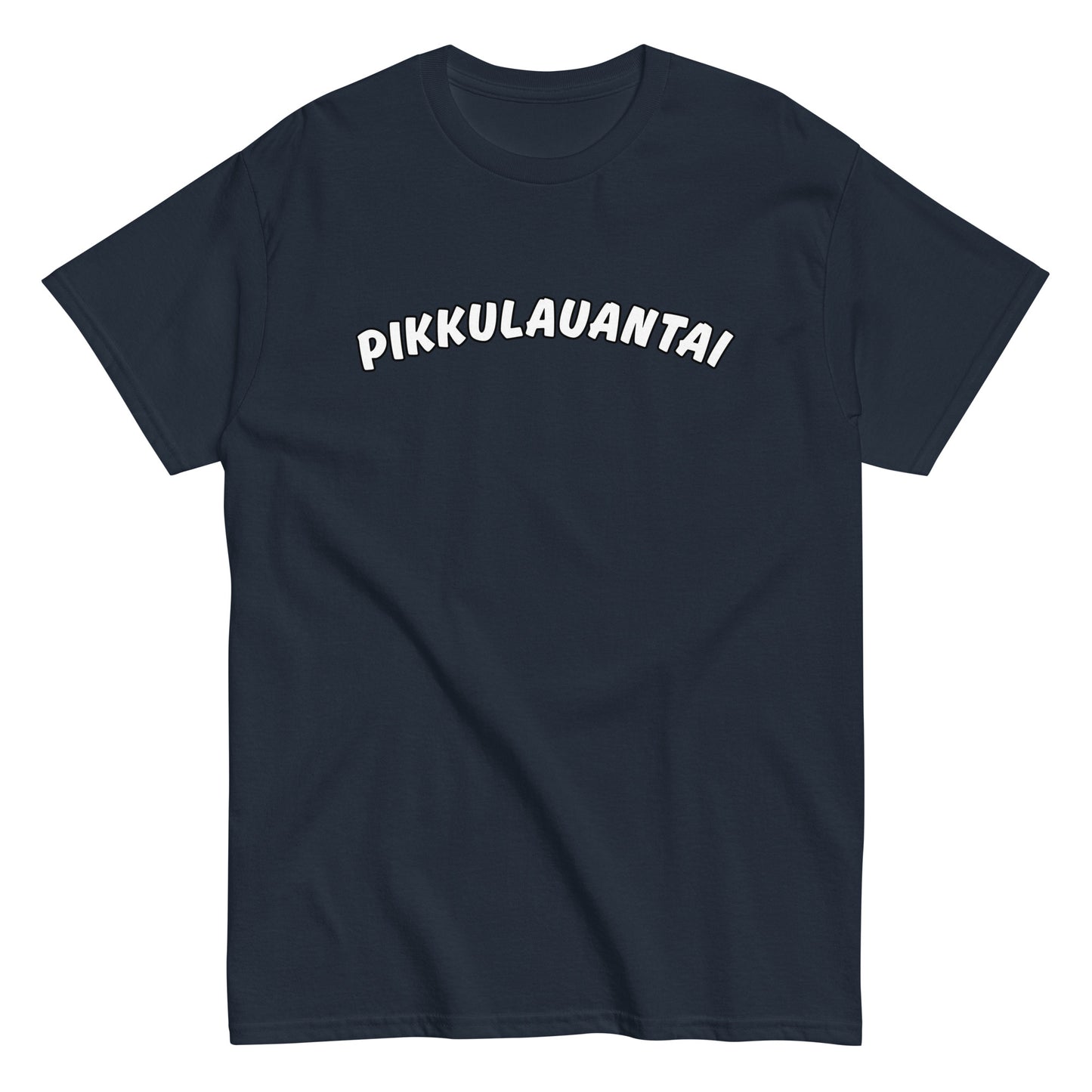 Meemirotta pikkulauantai t-paita tummansinisellä pohjalla ja valkoisella tekstillä
