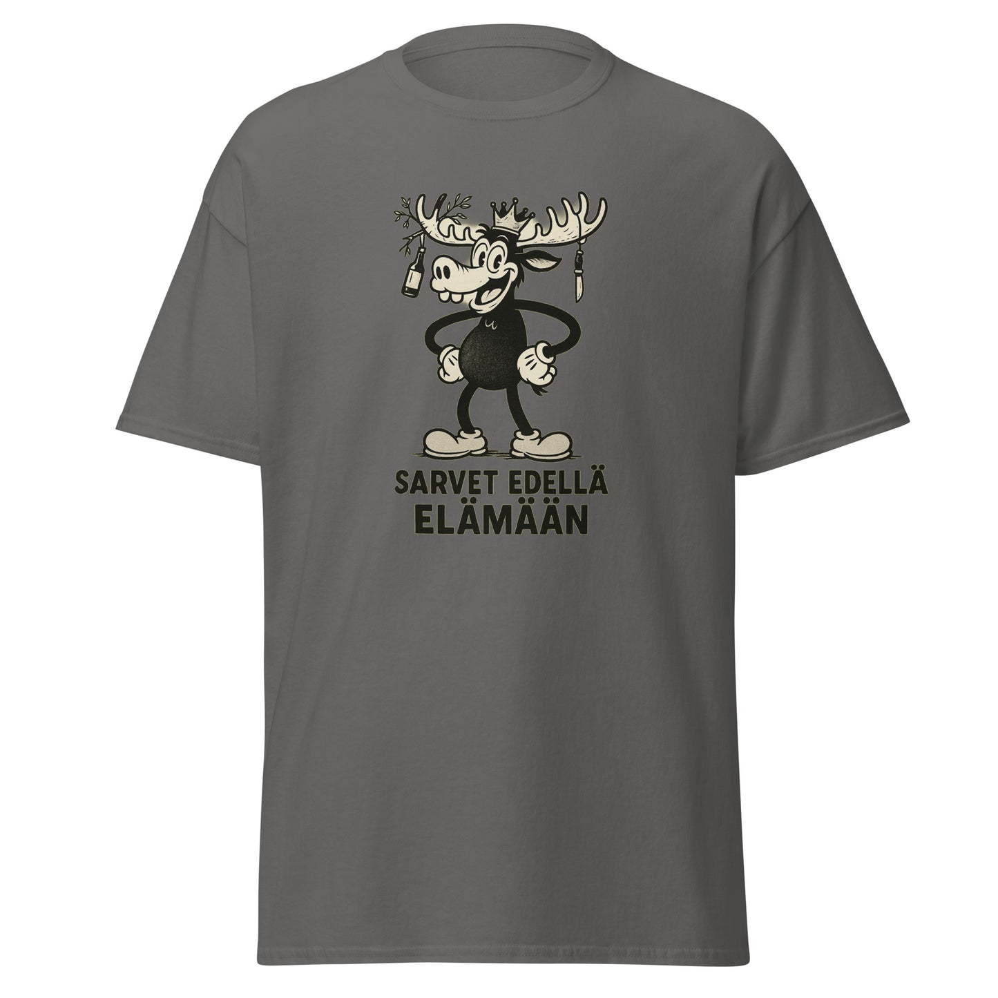 Harmaa T-Paita, jossa sarvimalja ja teksti 'Sarvet edellä elämään' mustalla grafiikalla