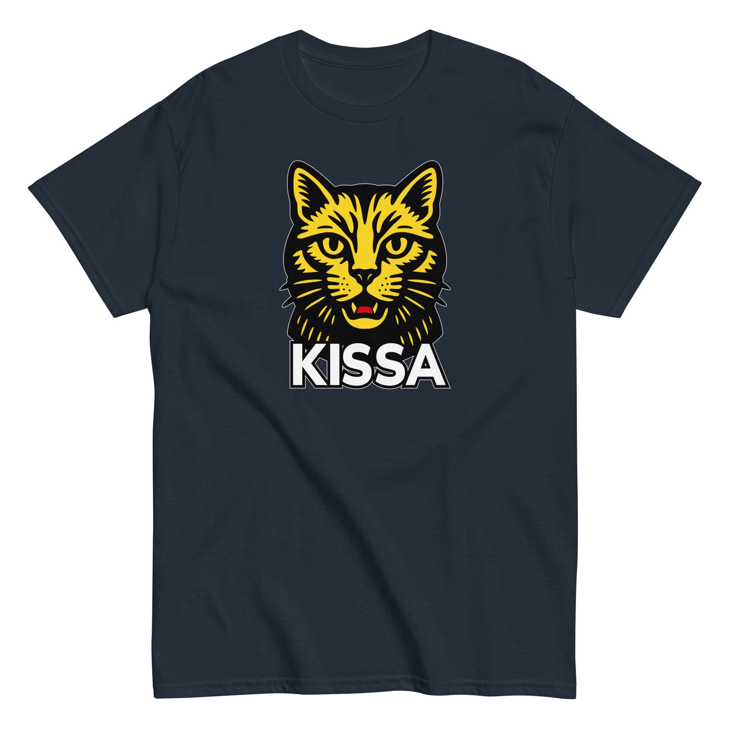 T-Paita Meemirotta kissa-aiheisella grafiikalla, jossa keltainen kissapää ja teksti KISSA