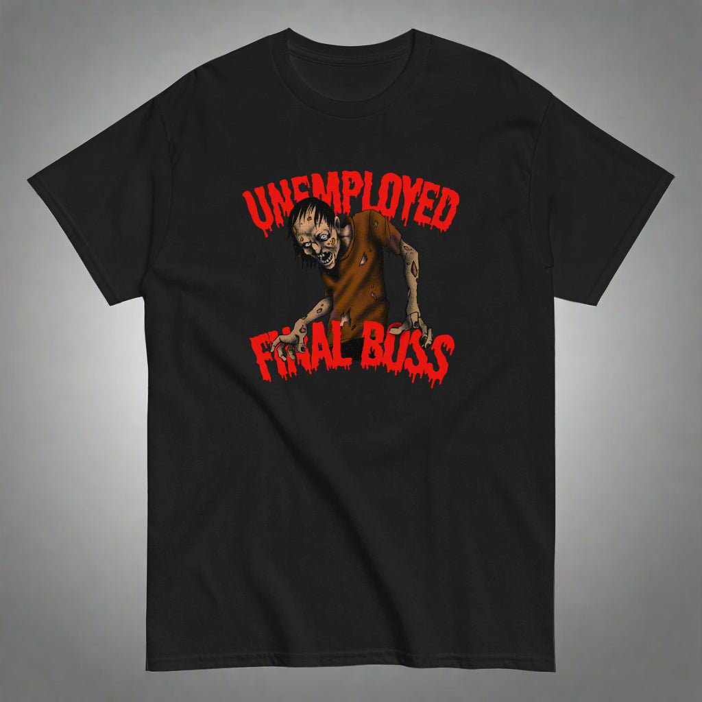 Meemirotta t-paita mustalla taustalla, jossa on Unemployed Final Boss -kuvio