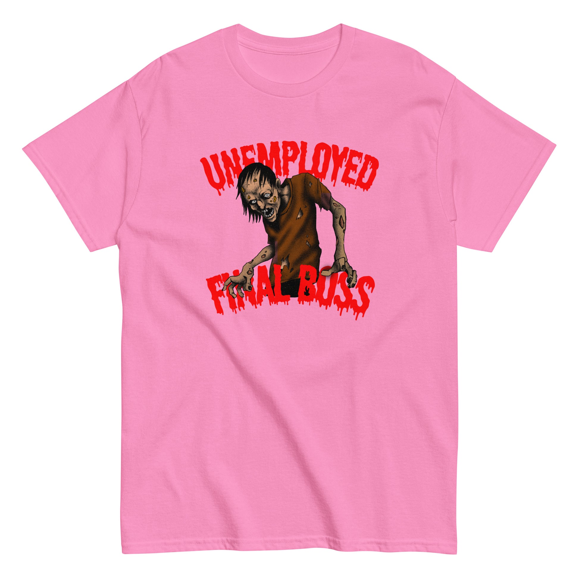 Vaaleanpunainen t-paita, jossa on 'Unemployed Final Boss' -painatus ja zombie-teema