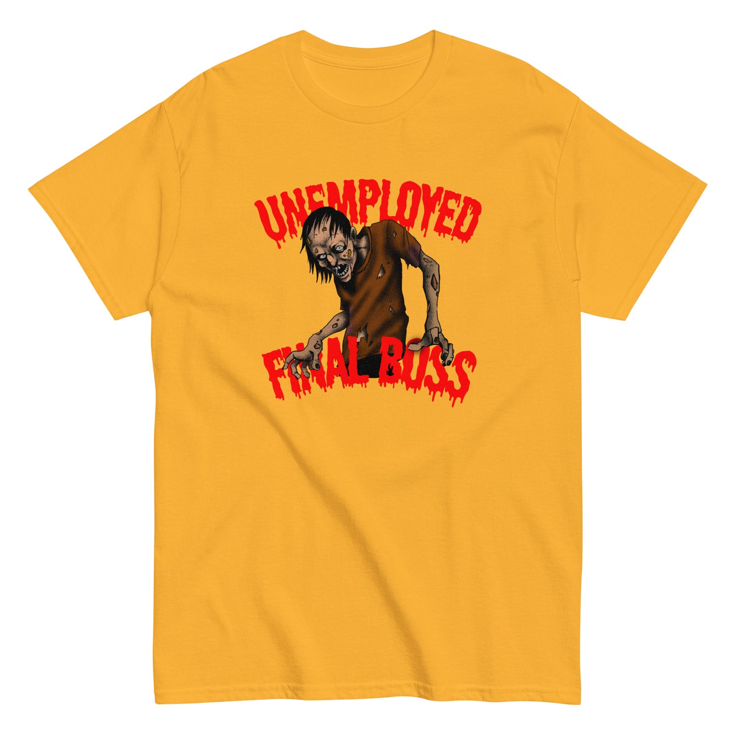 Keltainen Meemirotta t-paita, jossa kuvattuna työtön loppupomovihollinen