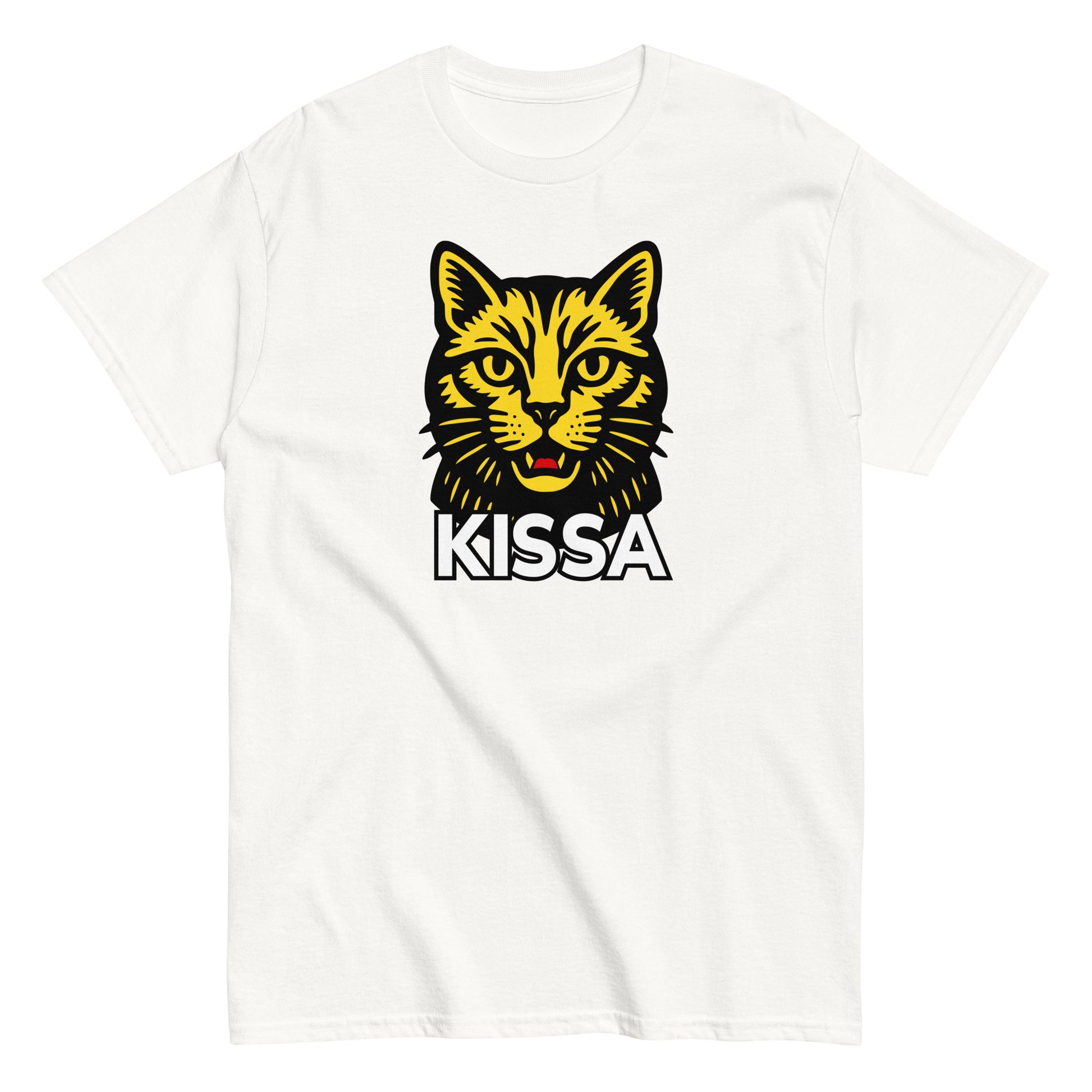 Valkoinen T-Paita, jossa on kissa-aiheinen kuva ja teksti KISSA