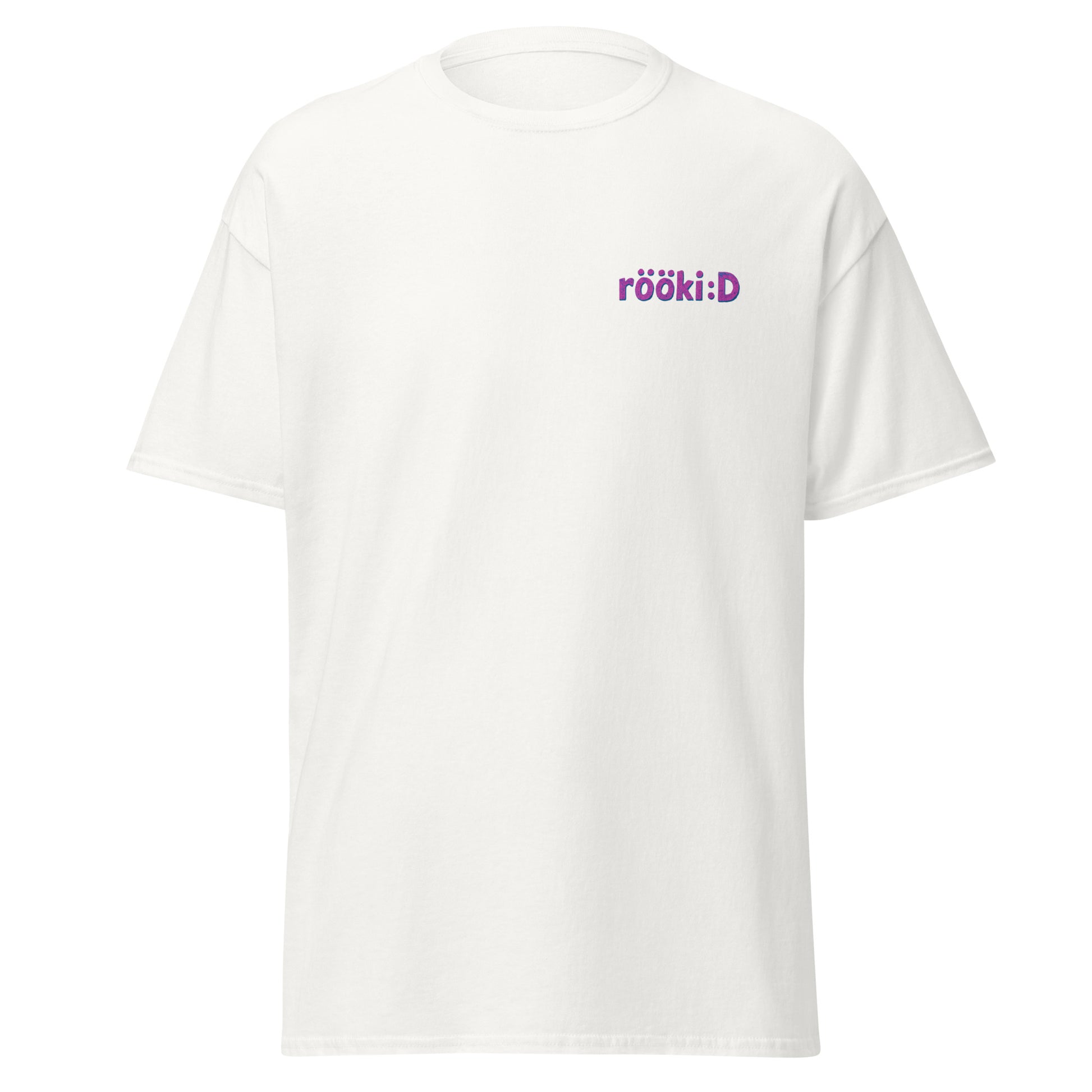 Meemirotta valkoinen T-Paita, jossa on violetilla tekstillä rööki:D etupuolella