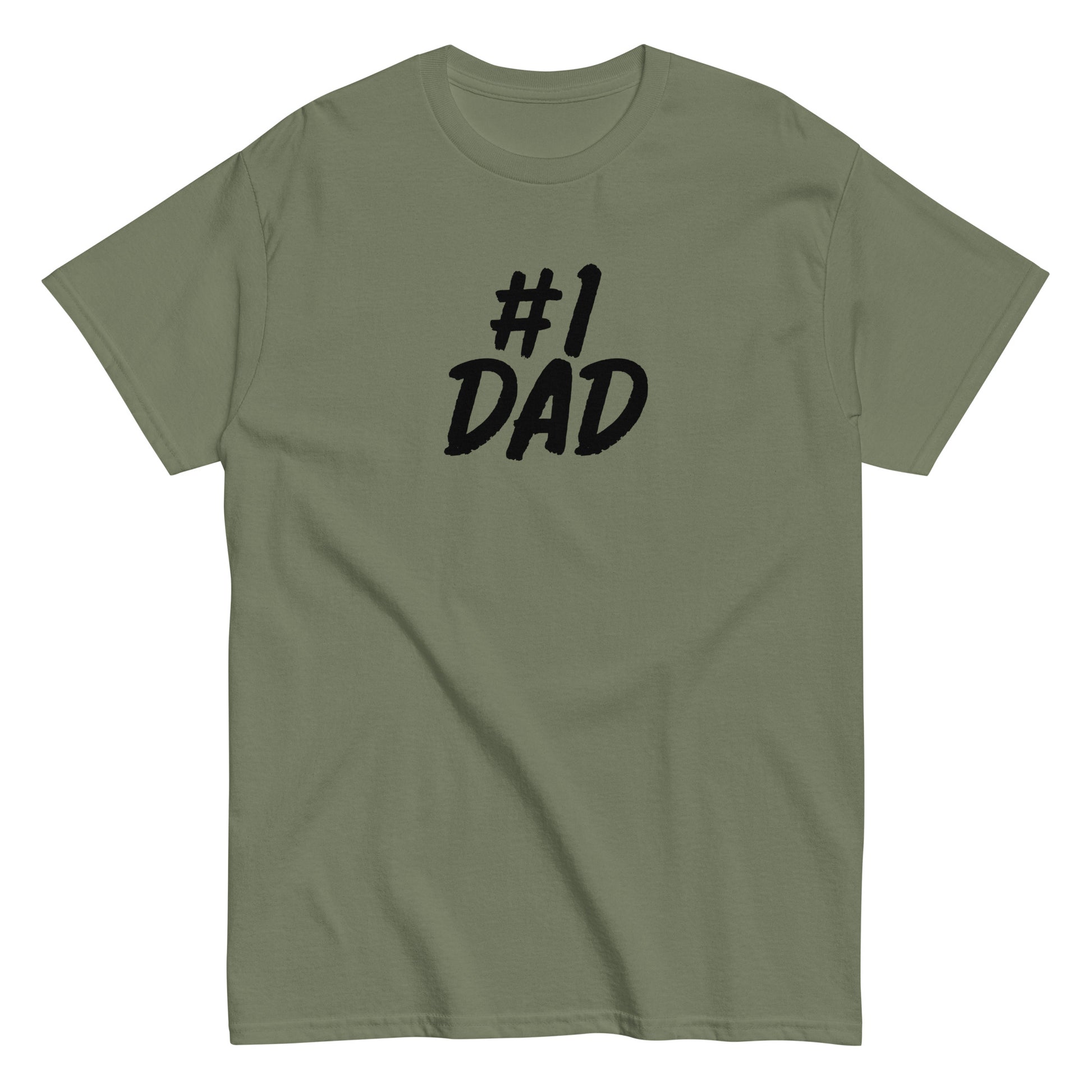 Oliivinvihreä T-paita vanhemmille, jossa musta #1 DAD -teksti edessä