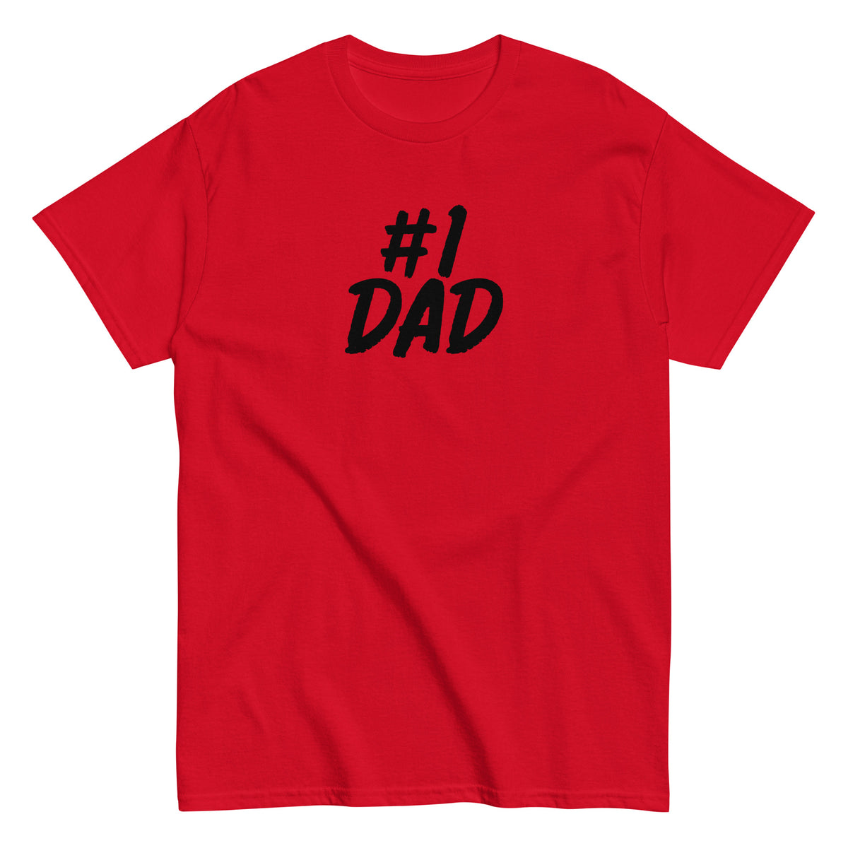 Punainen T-paita vanhemmille, jossa #1 DAD -painatus edessä.
