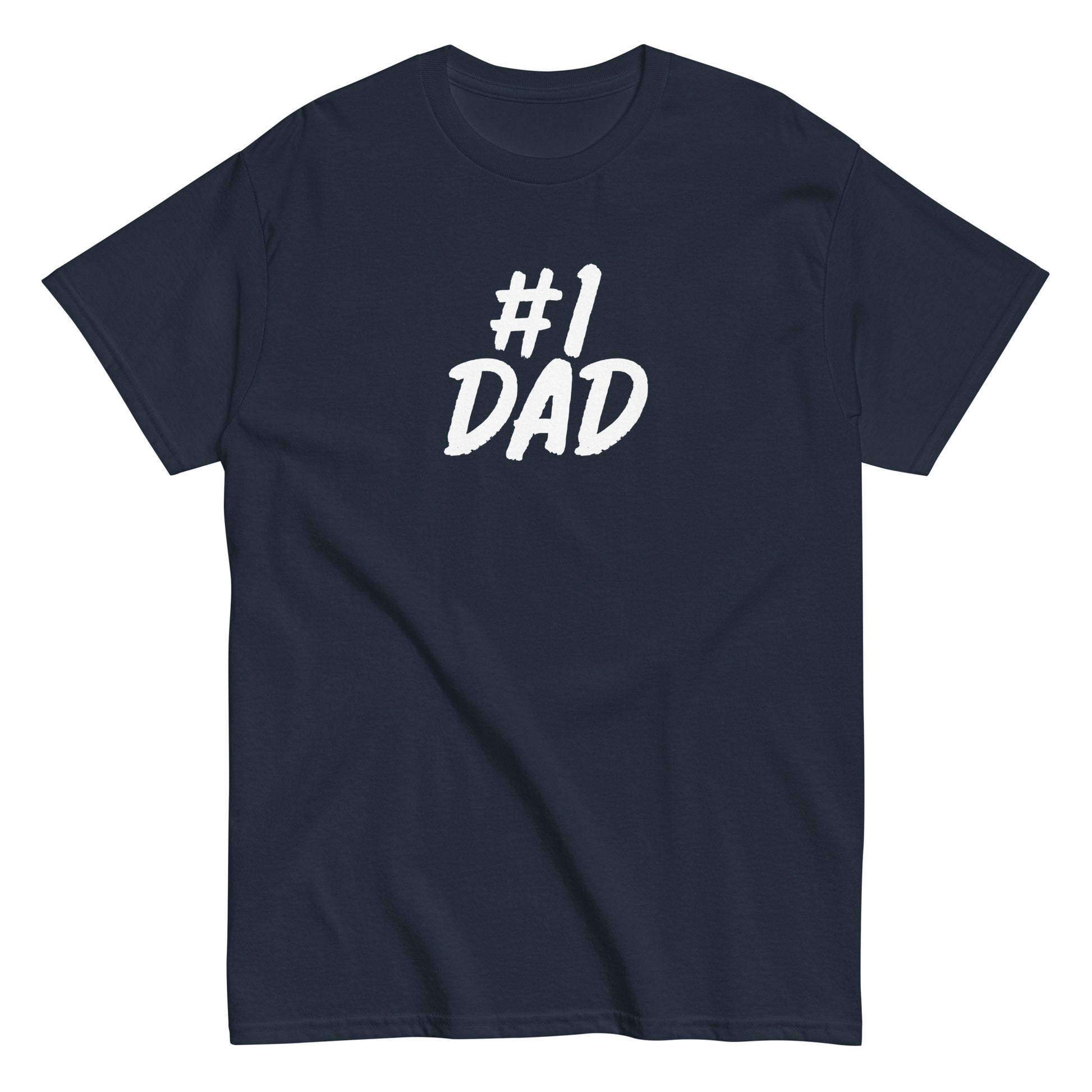 T-paita vanhemmille, tummansininen malli, jossa on valkoinen '#1 DAD' teksti edessä.