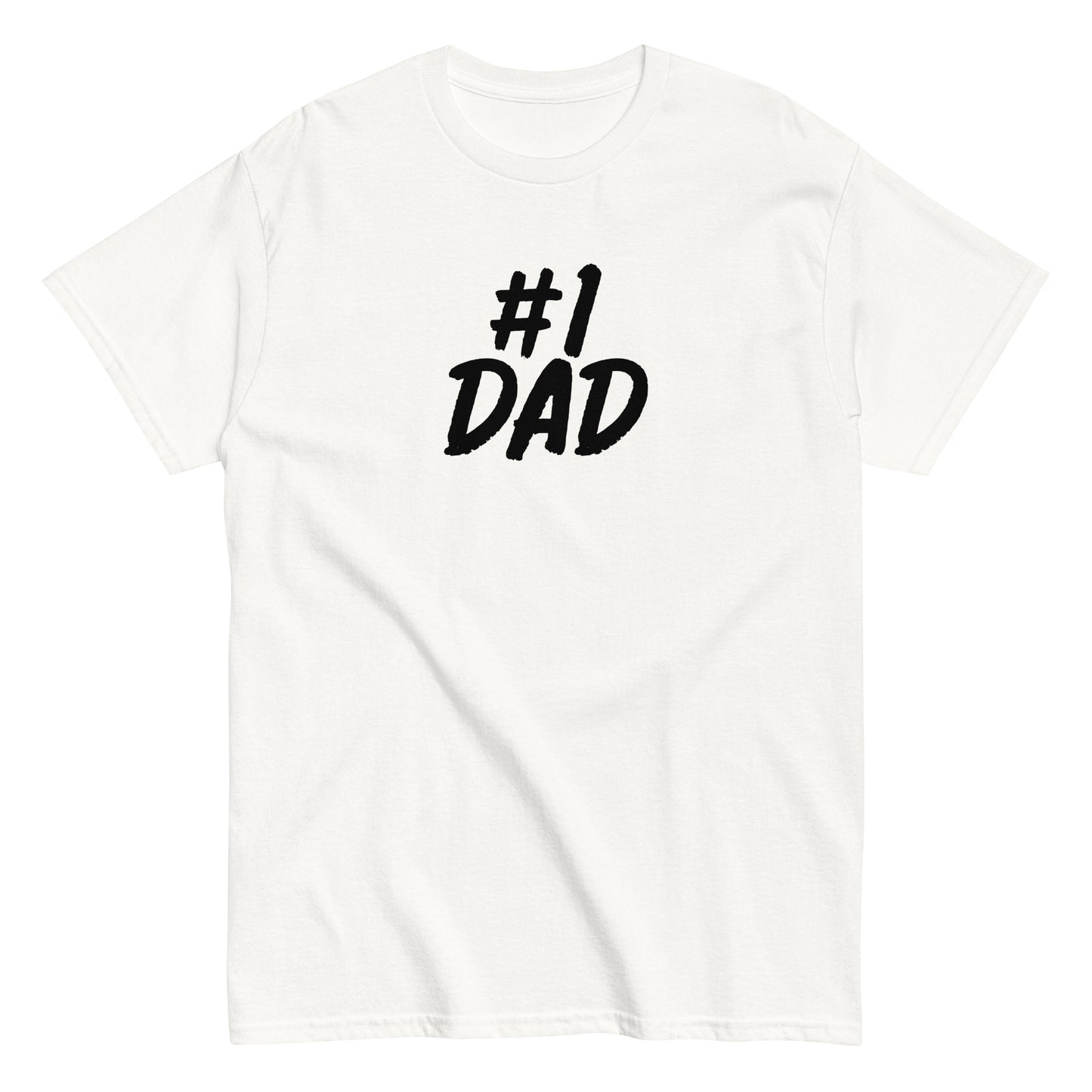 Valkoinen T-paita vanhemmille, jossa on '#1 DAD' mustalla tekstillä