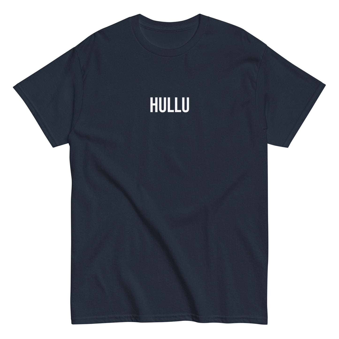 Meemirotta musta tekstipaita, jossa on valkoinen HULLU-teksti edessä
