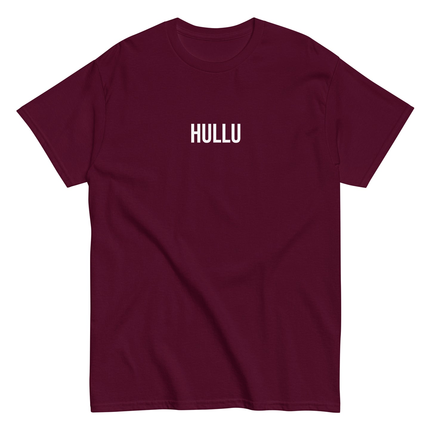 Burgundinpunainen tekstipaita, jossa on valkoinen 'HULLU' -teksti edessä.