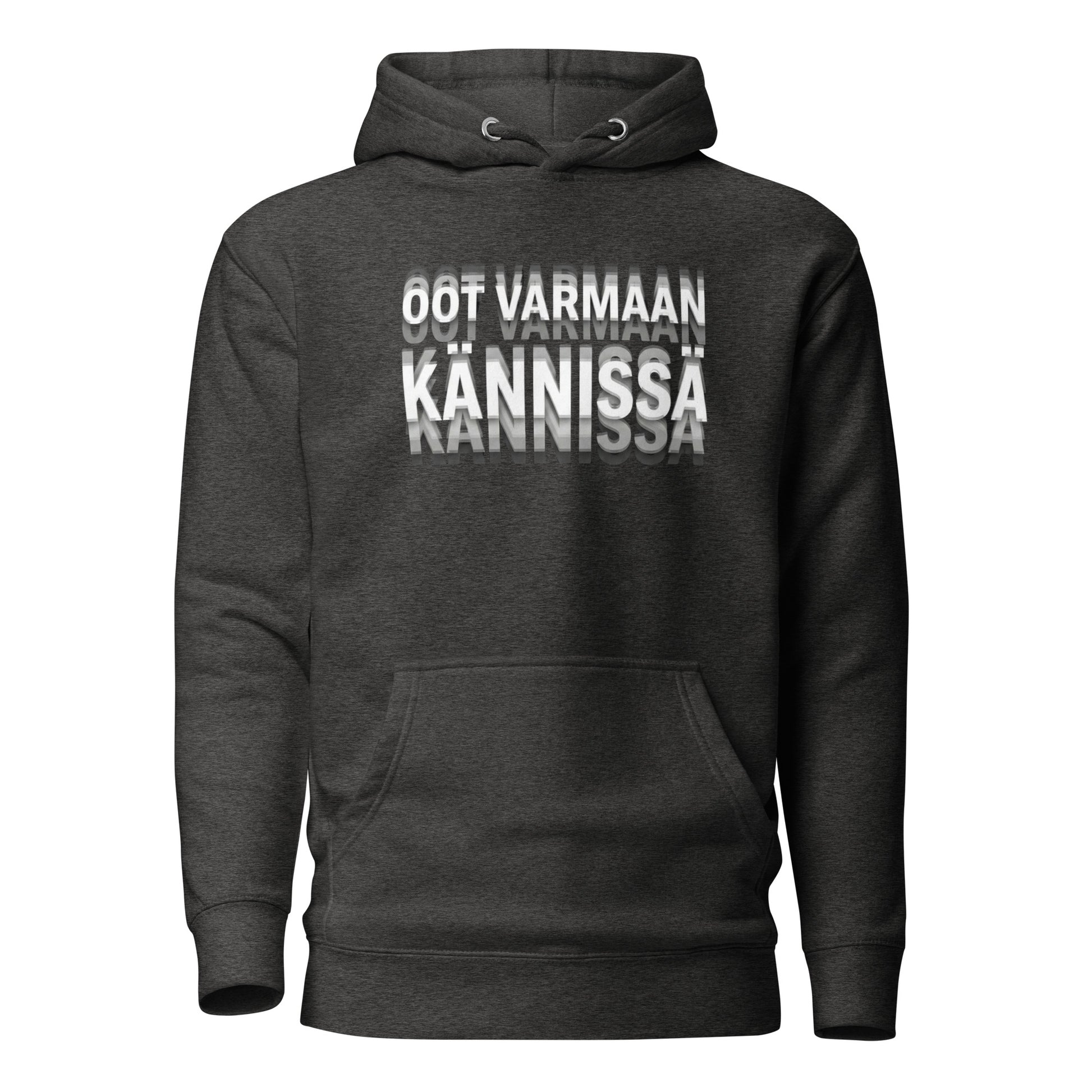 Meemirotta Tekstipaita harmaana hupparina, jossa on näyttävä painatus 'Oot varmaan kannissa'