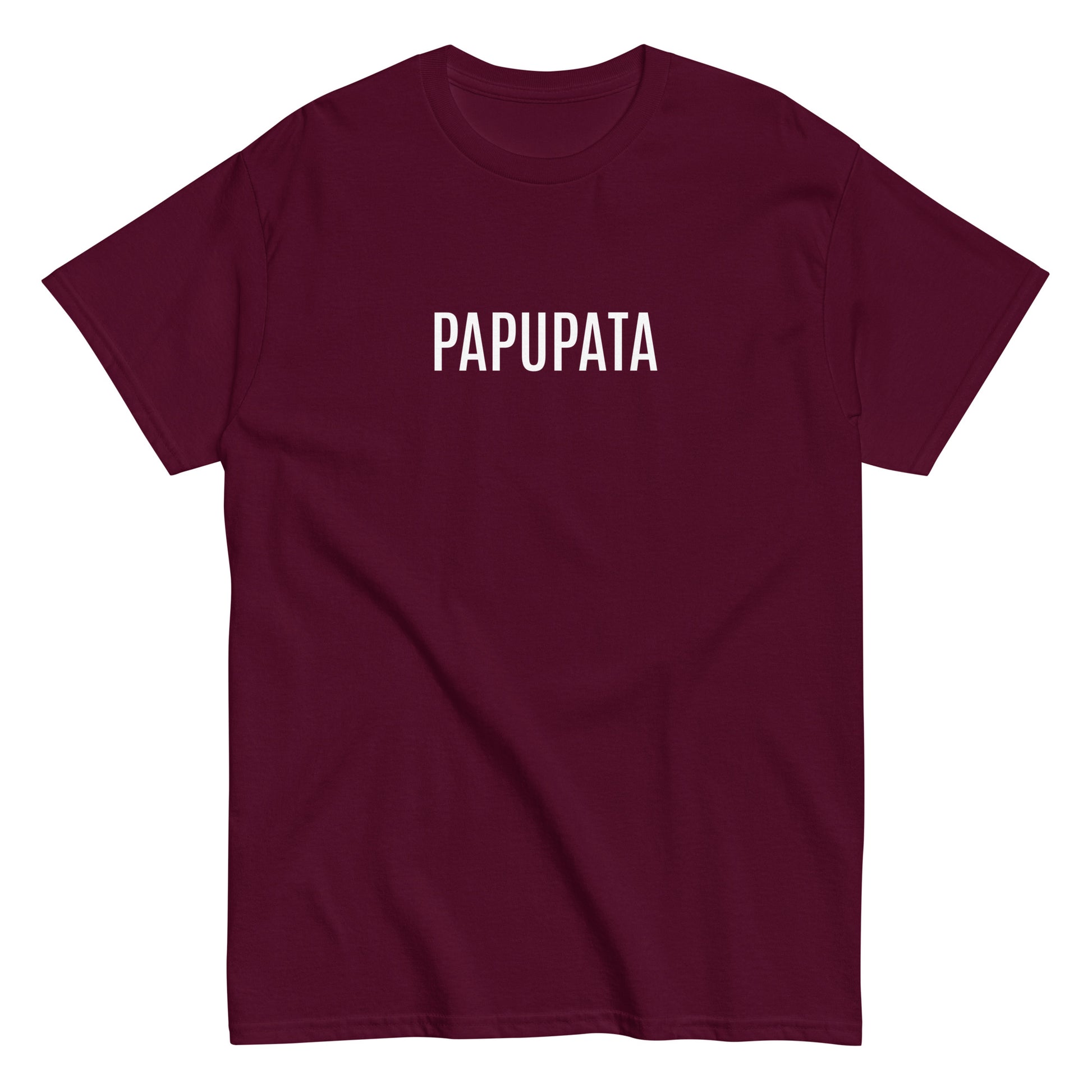 Burgundinpunainen tekstipaita, jossa on valkoinen sana PAPUPATA edessä