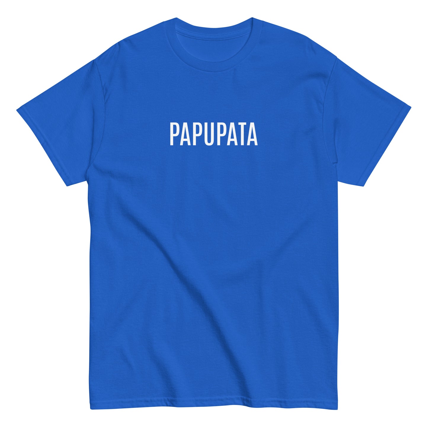 Meemirotta sininen tekstipaita, jossa on valkoinen painatus 'PAPUPATA'