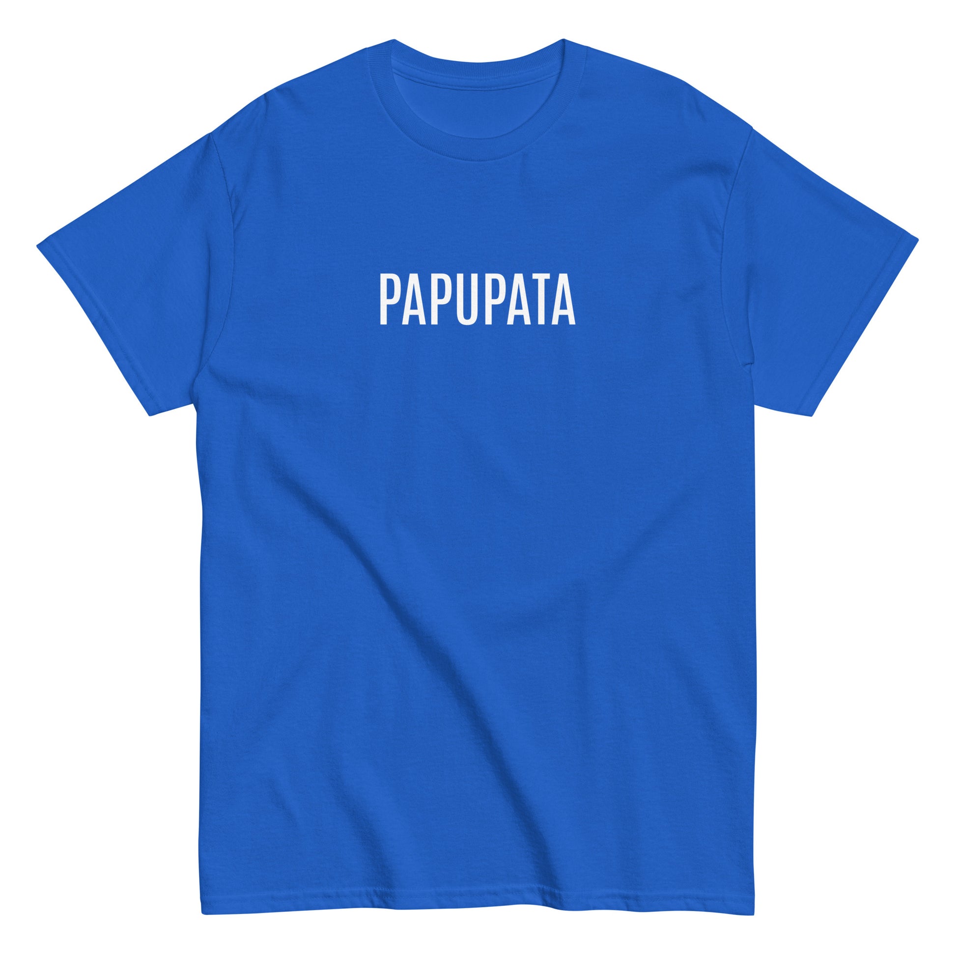 Meemirotta sininen tekstipaita, jossa on valkoinen painatus 'PAPUPATA'