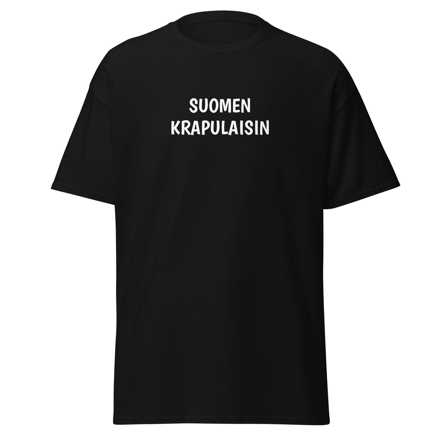Mustassa tekstipaidassa valkoinen teksti Suomen krapulaisin, mukava ja tyylikäs valinta