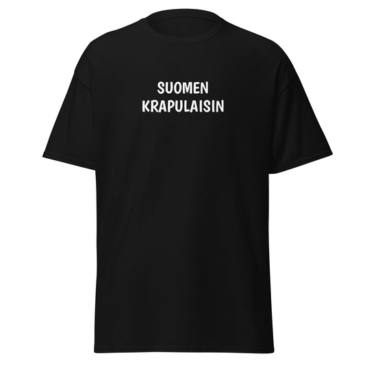 Mustassa tekstipaidassa valkoinen teksti Suomen krapulaisin, mukava ja tyylikäs valinta