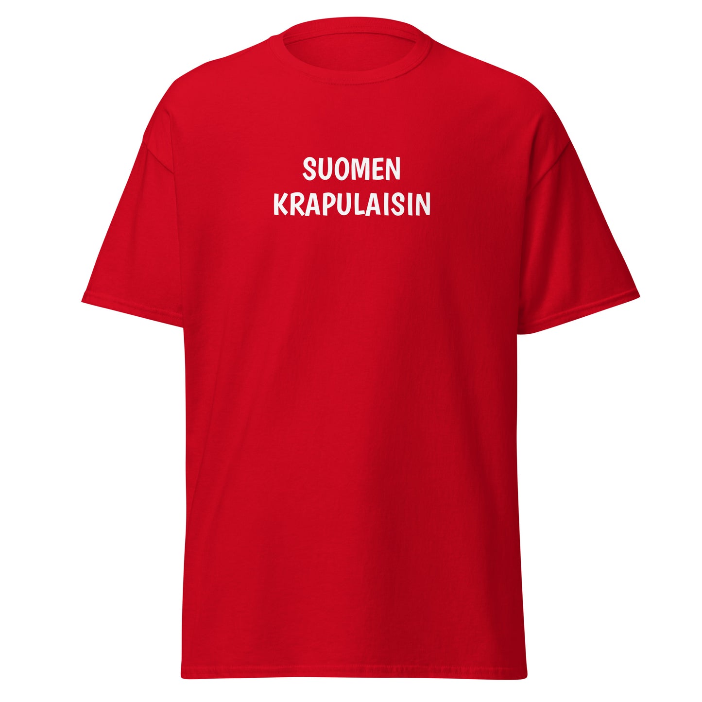 Punainen tekstipaita, jossa lukee Suomen Krapulaisin isoilla valkoisilla kirjaimilla