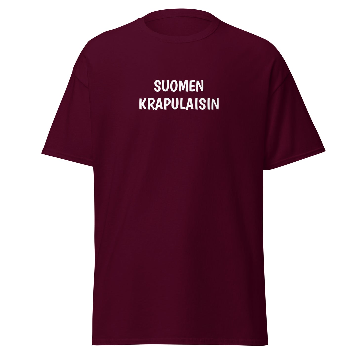 Burgundinpunainen tekstipaita, jossa lukee Suomen Krapulaisin, mukava ja tyylikäs valinta