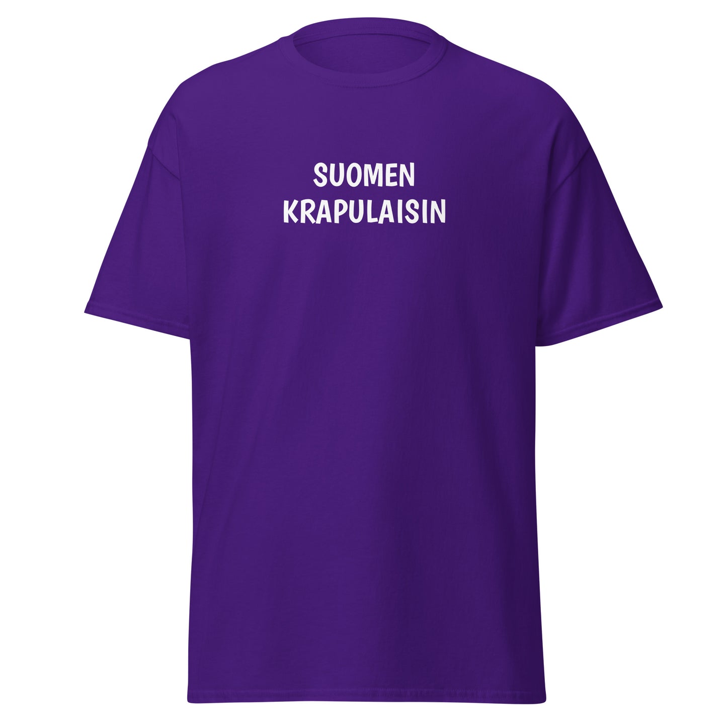 Violetti teksipaita, jossa lukee Suomeen Krapulaisin, mukava ja tyylikäs valinta
