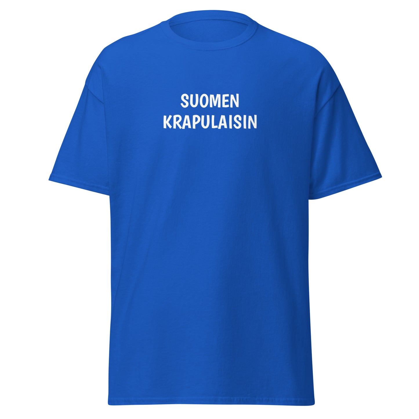 Sininen tekstipaita, jossa lukee SUOMEN KRAPULAISIN, rento ja mukava miesten t-paita