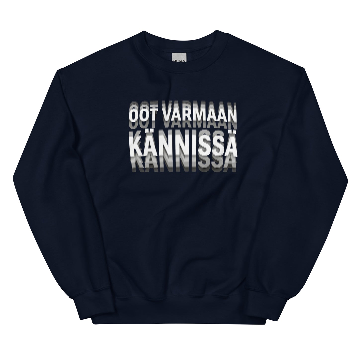 Tummansininen tekstipaita, jossa printissä on sanat OOT VARMAAN KÄNNISSÄ