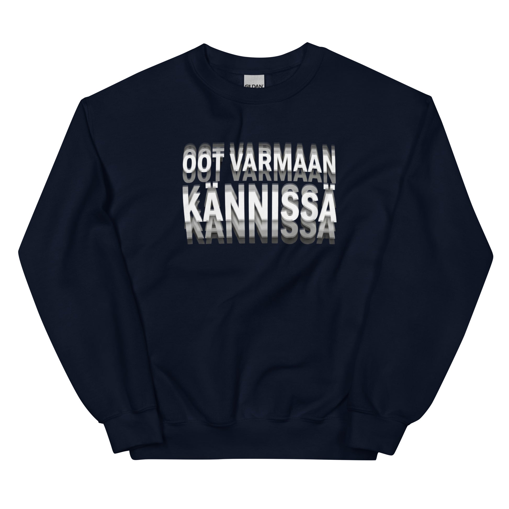 Tummansininen tekstipaita, jossa printissä on sanat OOT VARMAAN KÄNNISSÄ