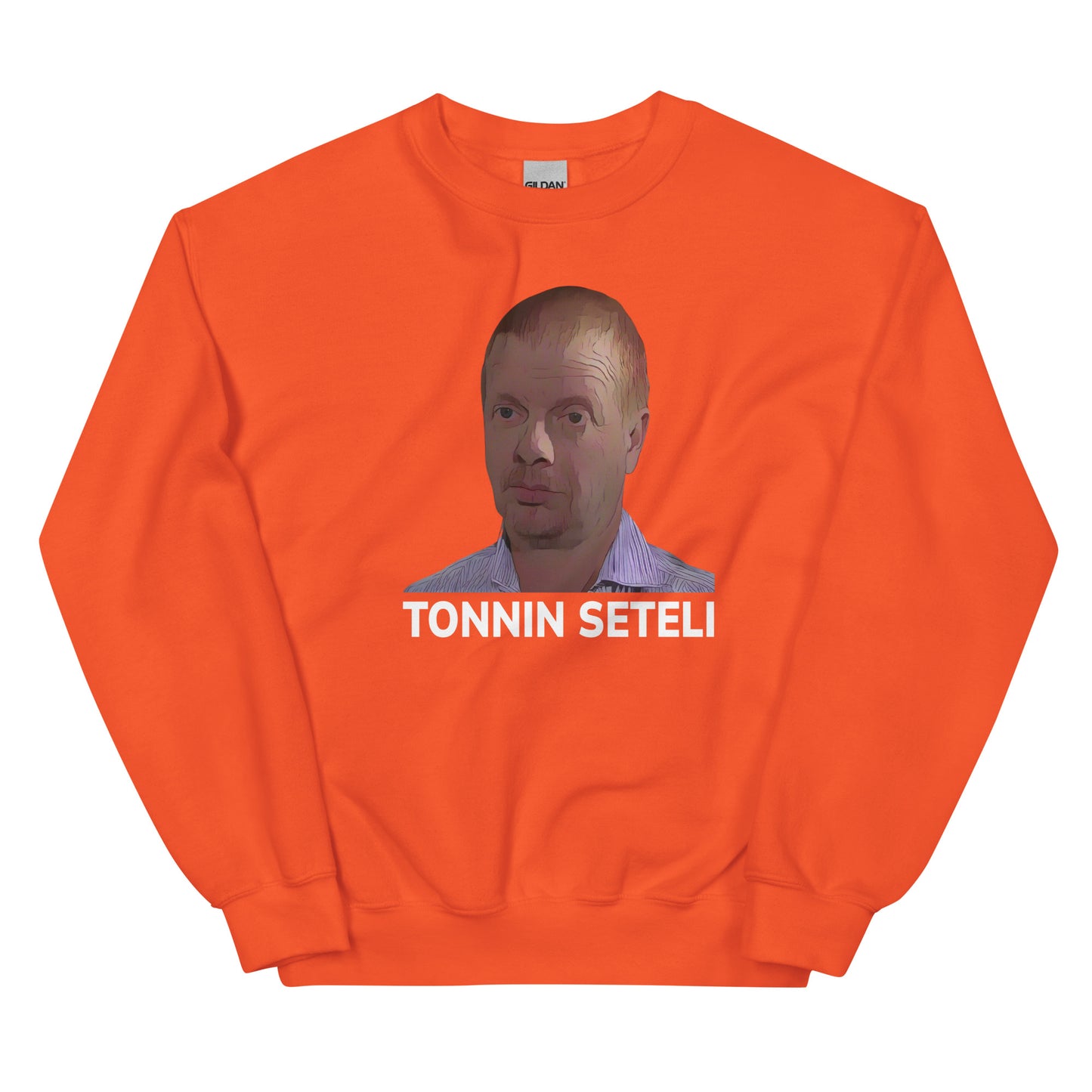 Oranssi tonnin seteli collegepaita, jossa on kuva ja teksti Tonnin Seteli edessä