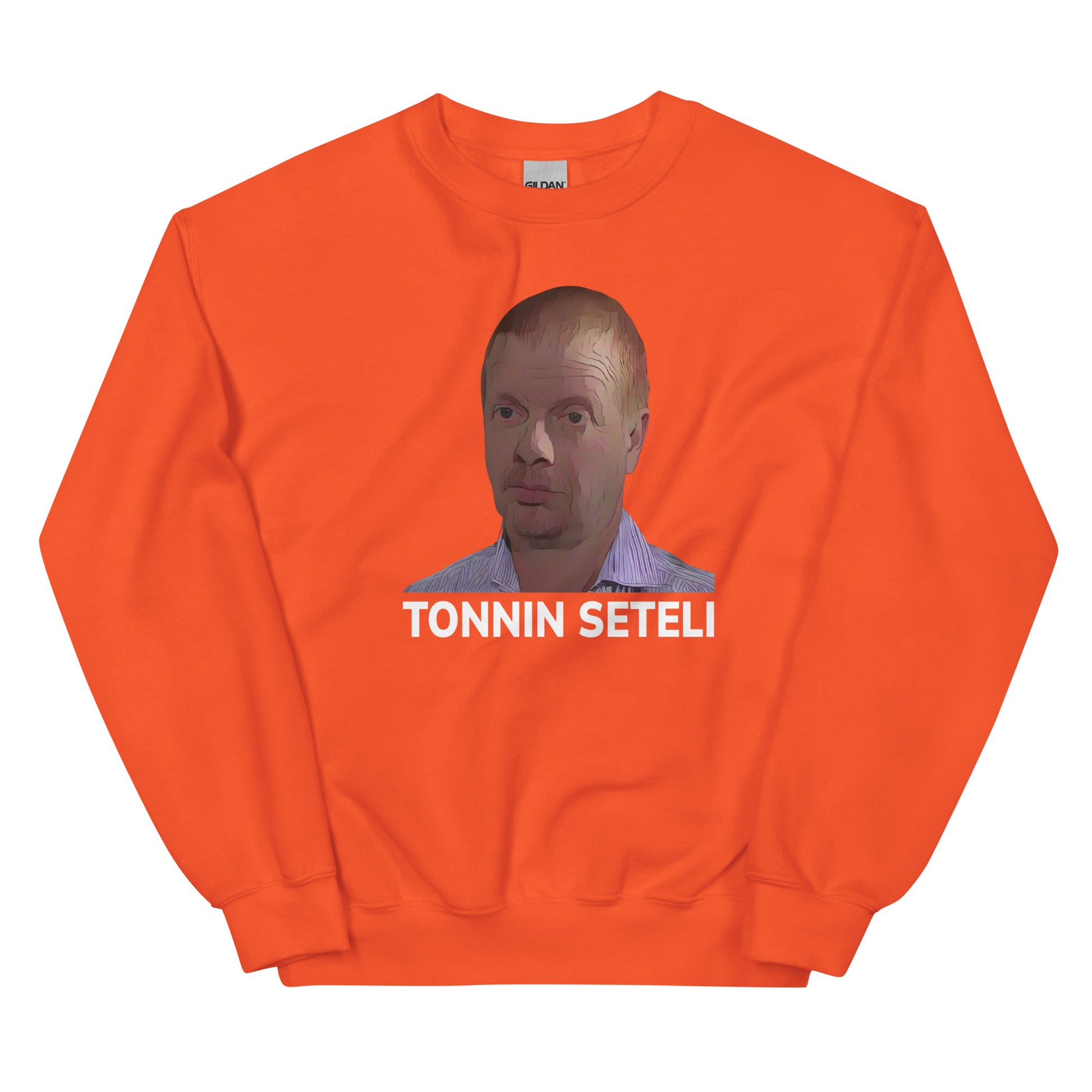 Oranssi tonnin seteli collegepaita, jossa on kuva ja teksti Tonnin Seteli edessä