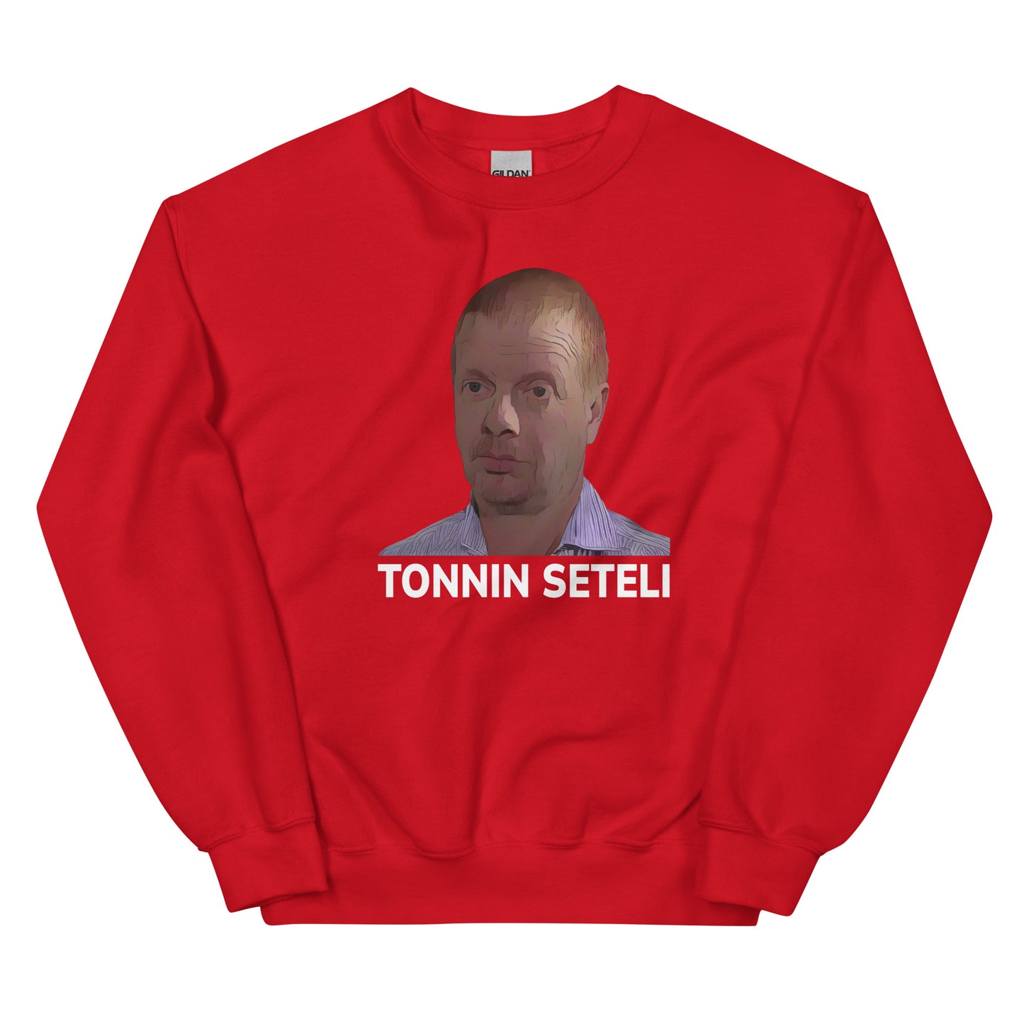 Punainen collegepaita, jossa on tonnin seteli -painatus ja kuvallinen design
