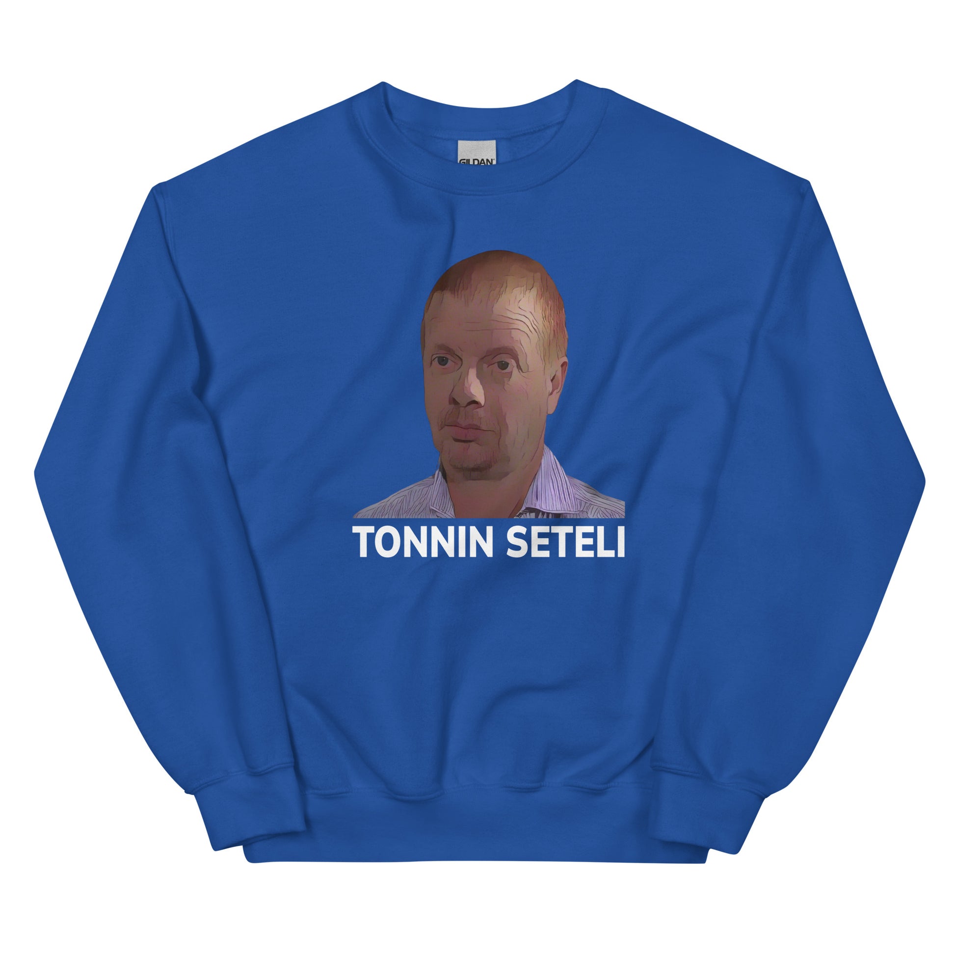 Meemirotta tonnin seteli collegepaita sinisessä värissä, jossa on kuva tekstillä tonnin seteli