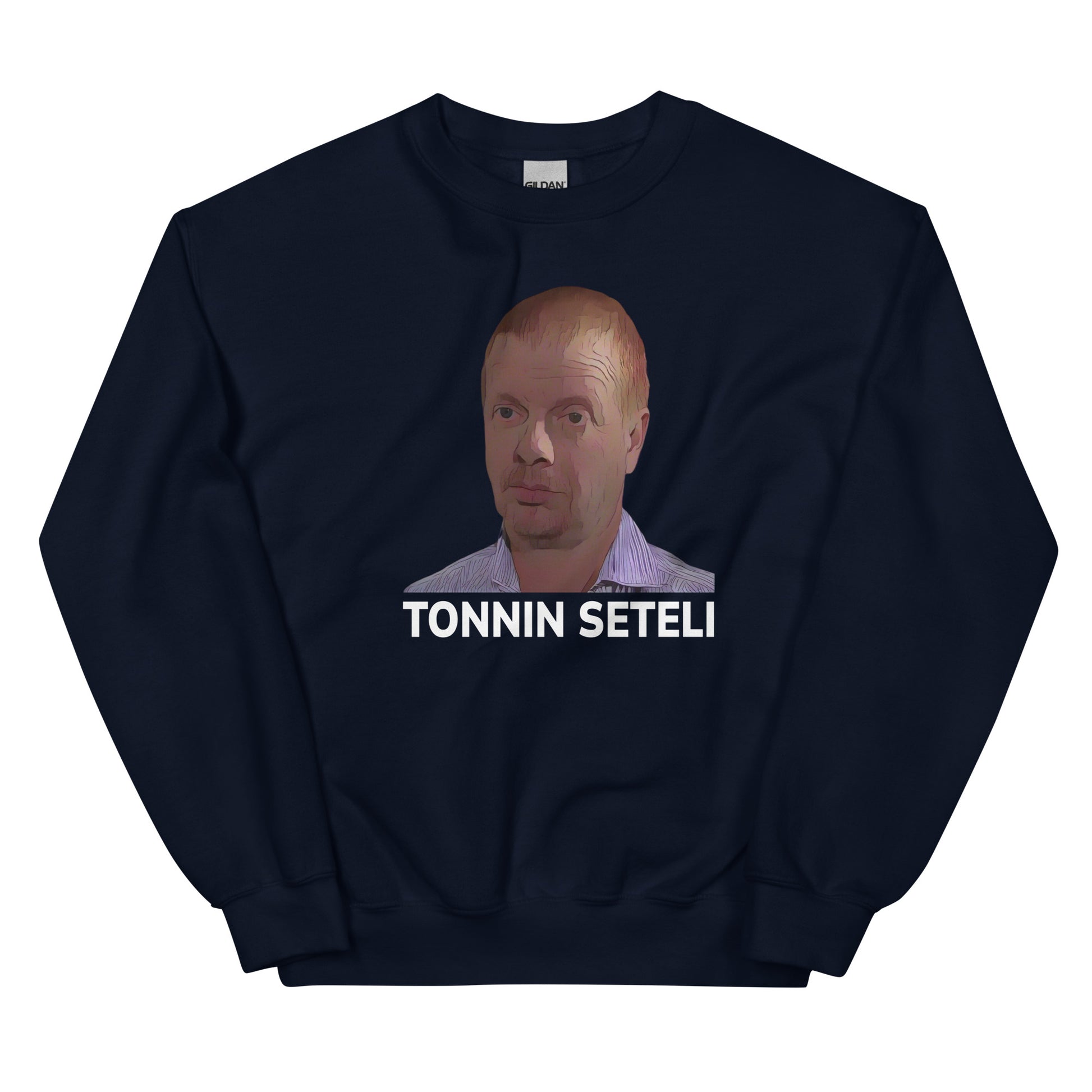 Tonnin seteli collegepaita tummansinisenä, jossa graafinen painatus hahmosta edessä