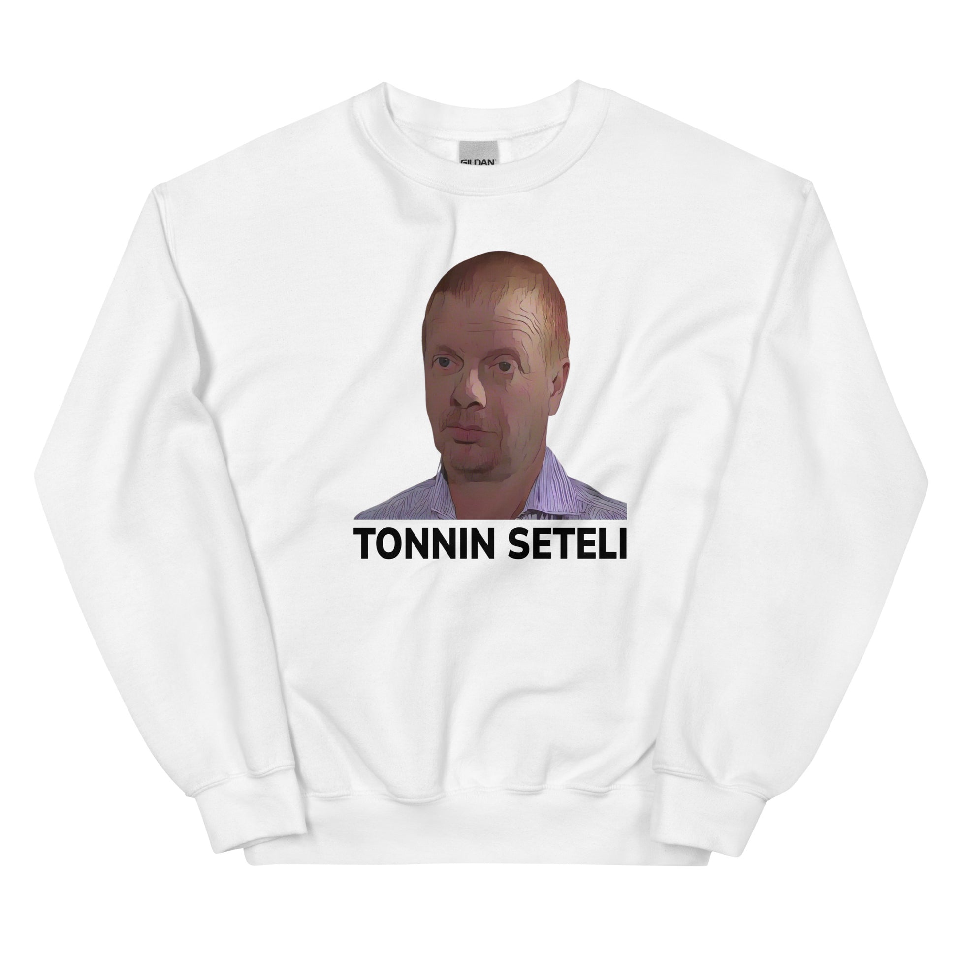 Valkoinen collegepaita, jossa on tonnin seteli -kuva ja teksti etupuolella