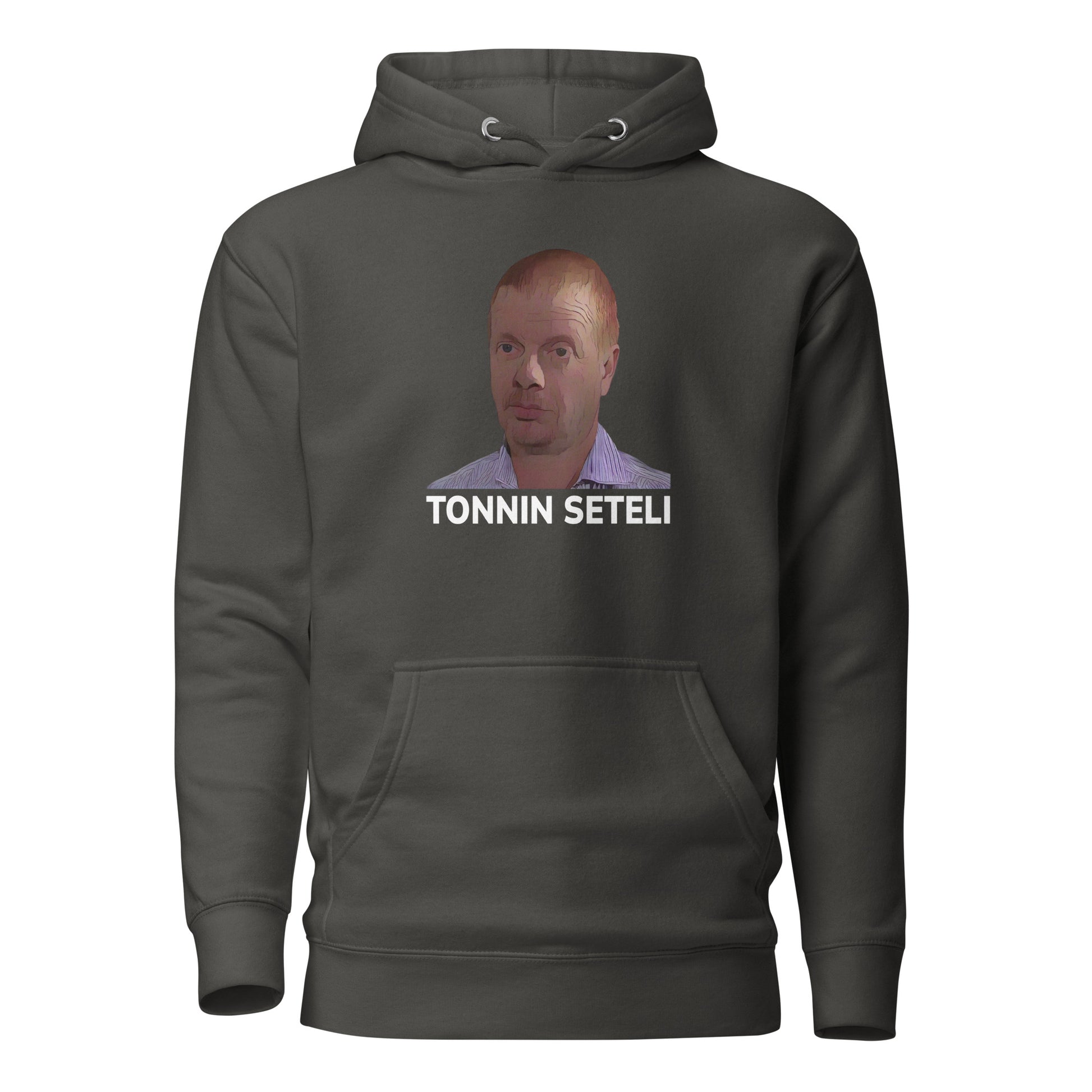 Tonnin seteli huppari harmaana, jossa kuva ja teksti edessä