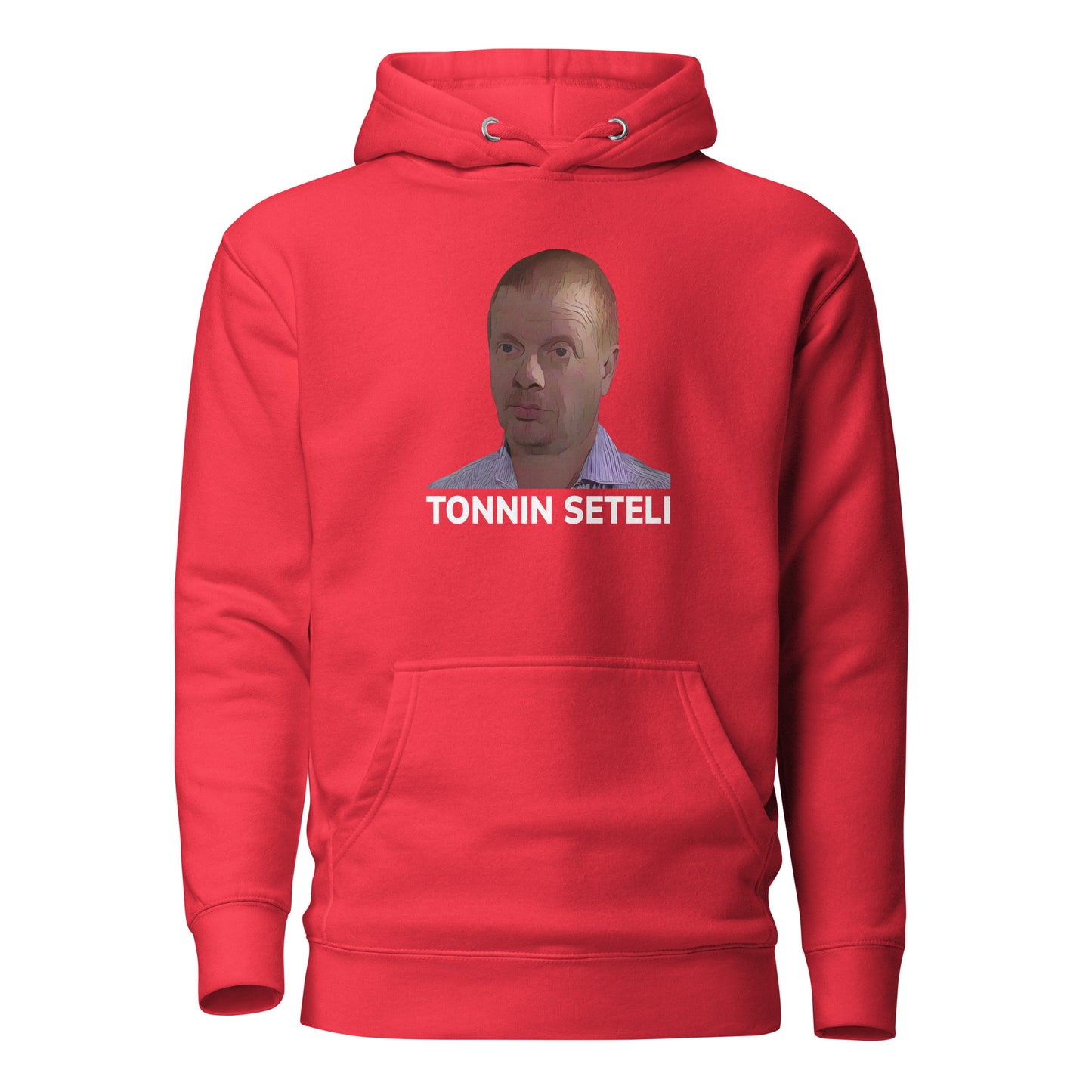 Punainen tonnin seteli huppari, jossa kuva ja teksti tonnin seteli edessä