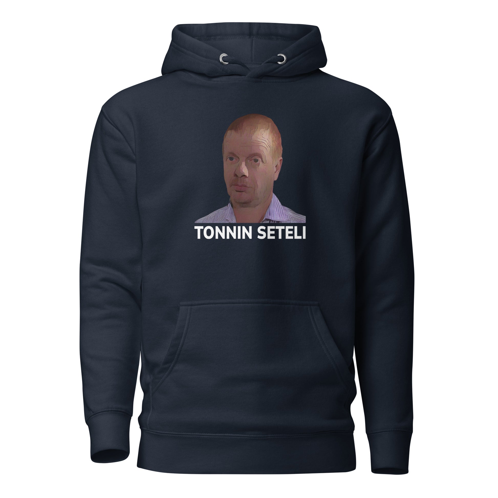 Tonnin seteli huppari tummansinisenä, jossa grafiikka edessä.