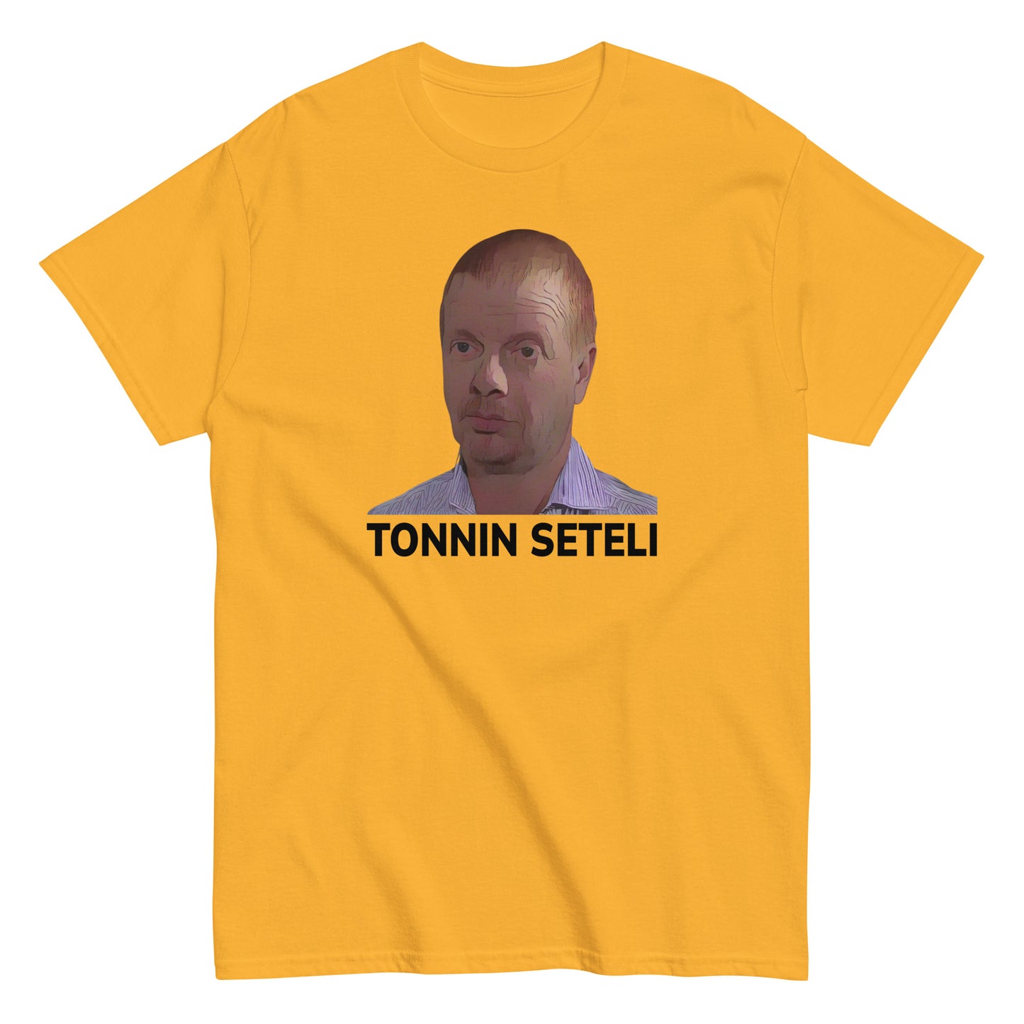 Keltainen tonnin seteli t-paita Meemirotta-logolla ja persoonallisella painatuksella