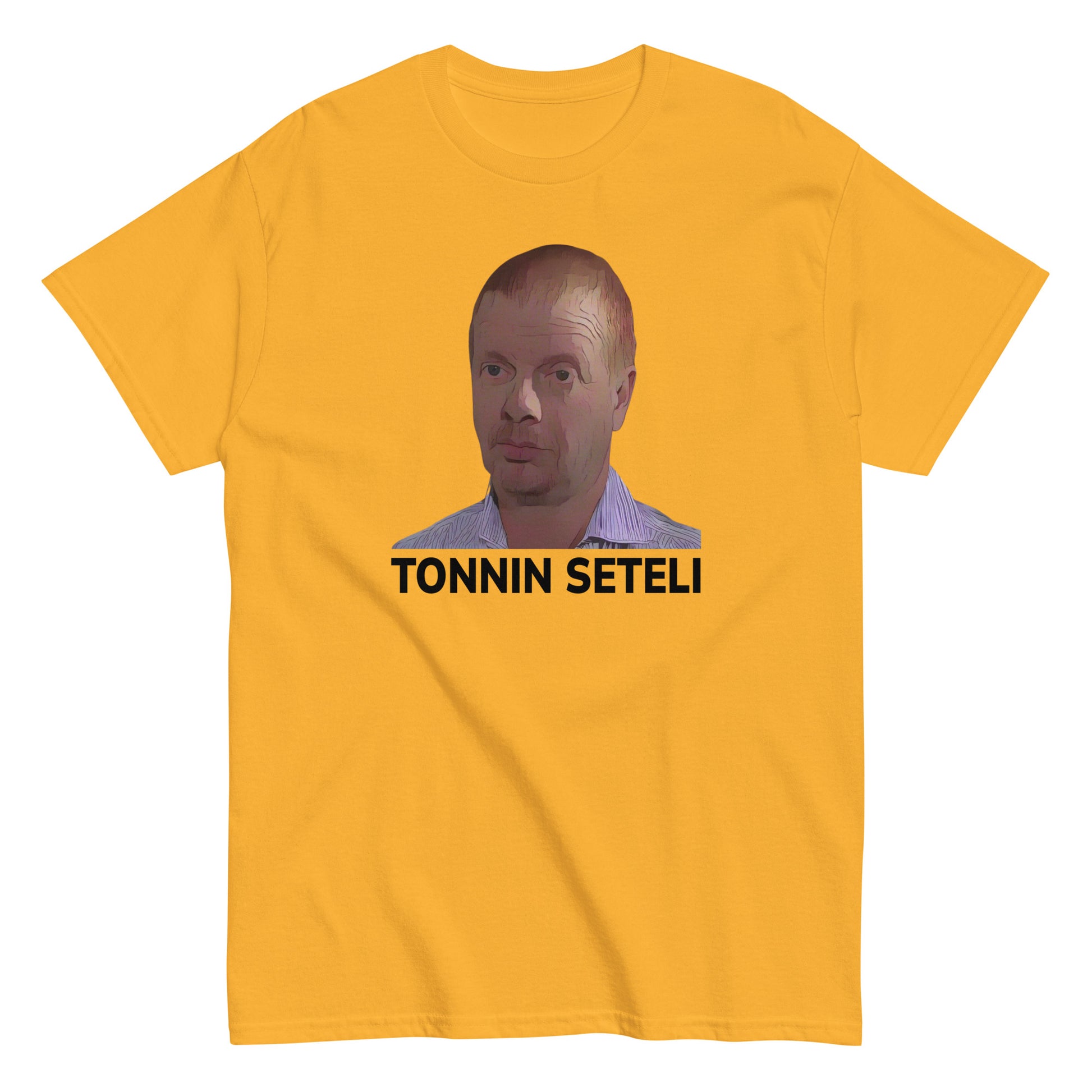 Keltainen tonnin seteli t-paita Meemirotta-logolla ja persoonallisella painatuksella