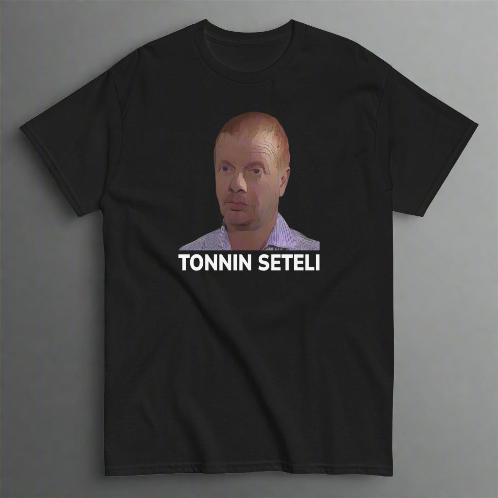Musta tonnin seteli t-paita, jossa kuva ja teksti tonnin seteli etupuolella