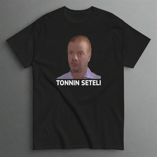 Musta tonnin seteli t-paita, jossa kuva ja teksti tonnin seteli etupuolella