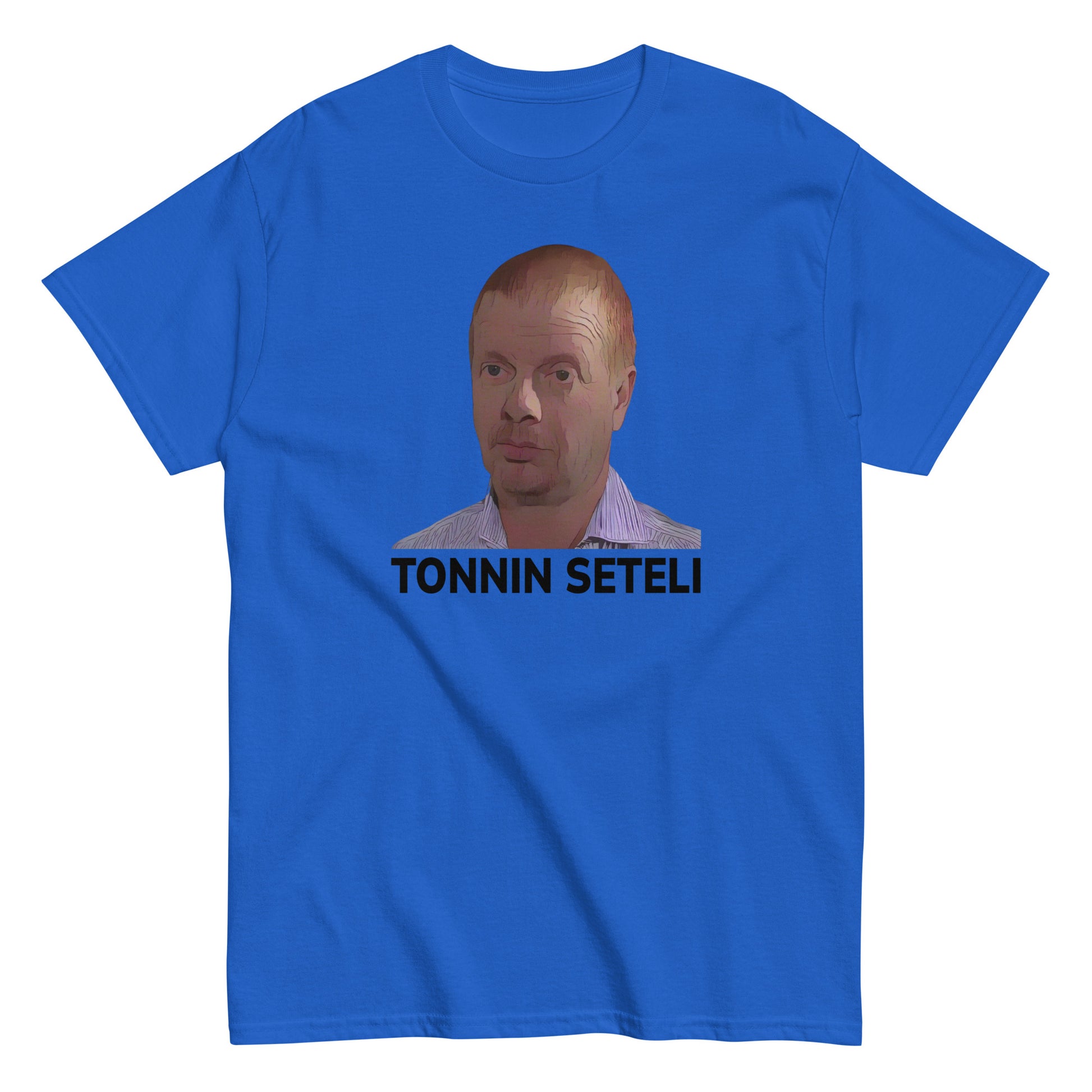 Meemirotta tonnin seteli t-paita sinisessä värissä, jossa kuva ja teksti tonnin seteli.