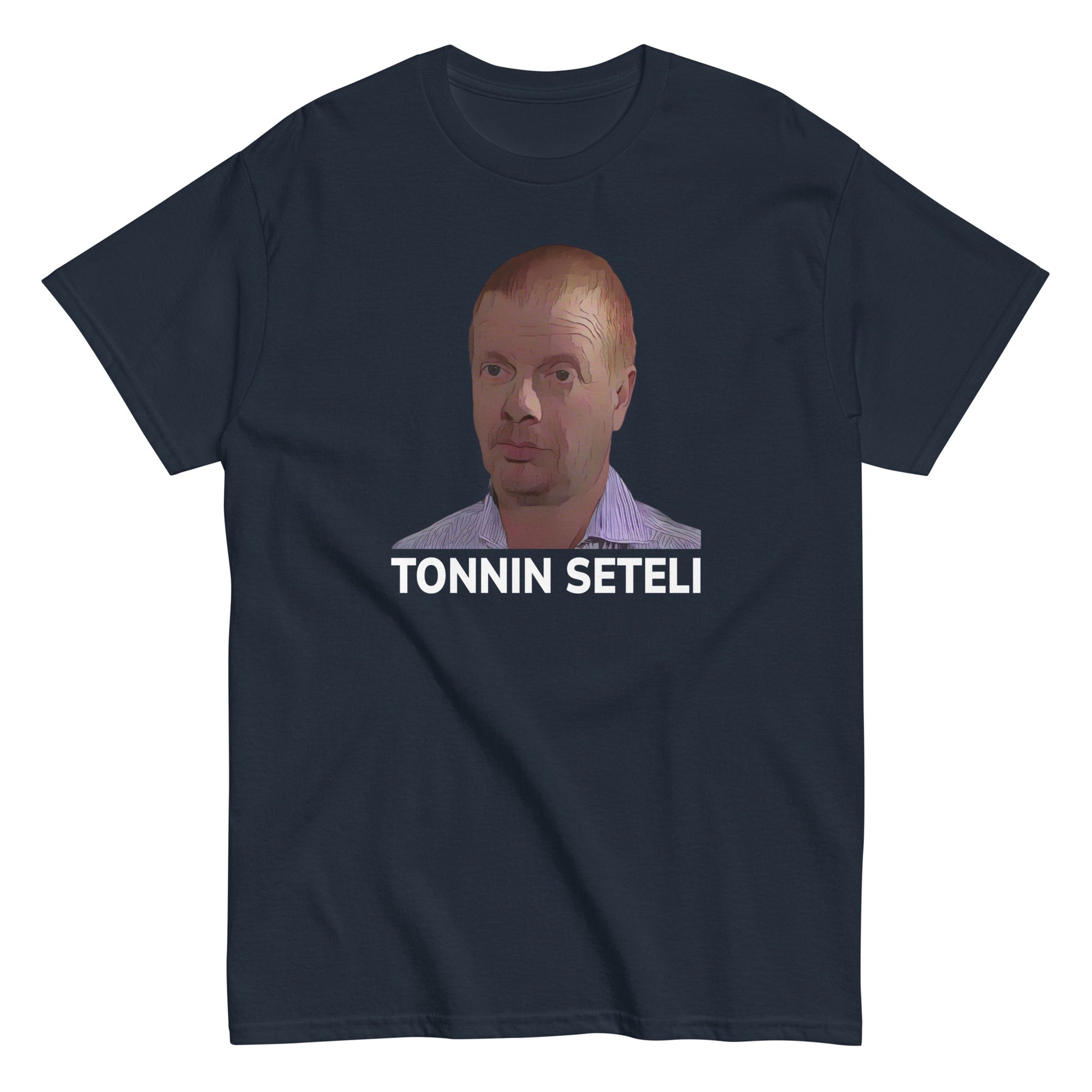 Tonnin seteli t-paita, jossa kuvana mies ja teksti Tonnin seteli mustalla taustalla
