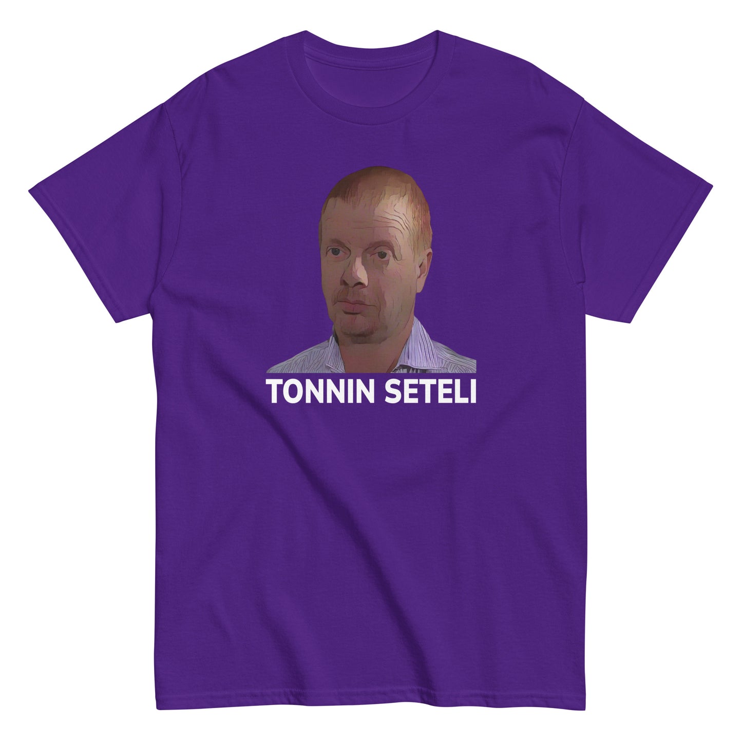 Meemirotta tonnin seteli t-paita violetilla pohjalla ja kuvalla henkilöstä