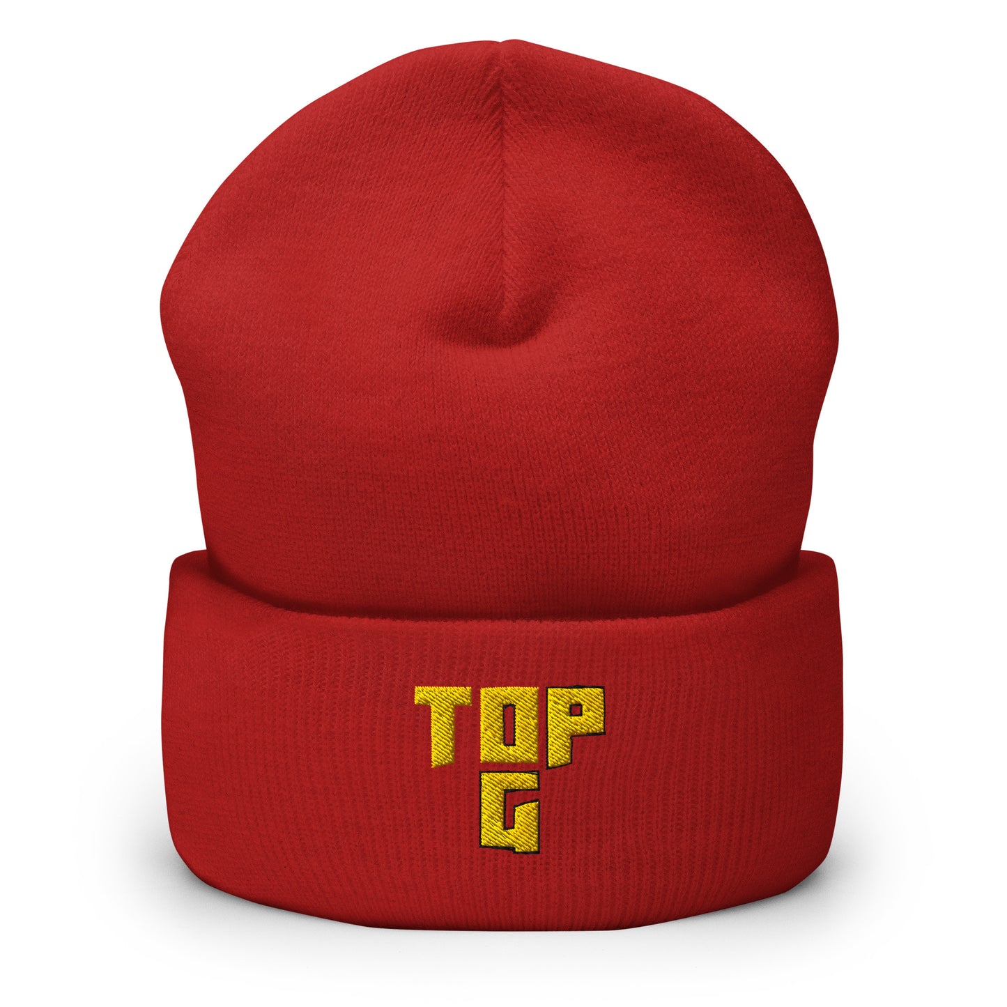 Punainen Meemirottan Top G pipo, keltainen logo edessä tyylikkäällä muotoilulla